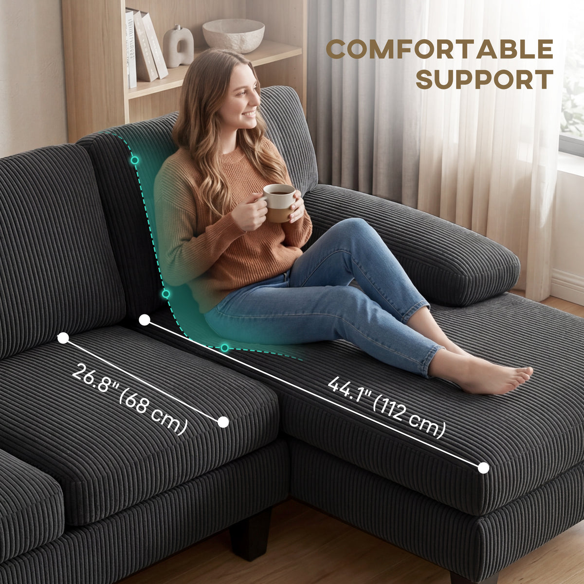 U-Shaped Sectional Sofa - Dark Grey Corduroy Double Chaise-Home Furnishings > Living Room Furniture > Sofas & Reclining Chairs > L Shaped Couchs-DECOROLALA