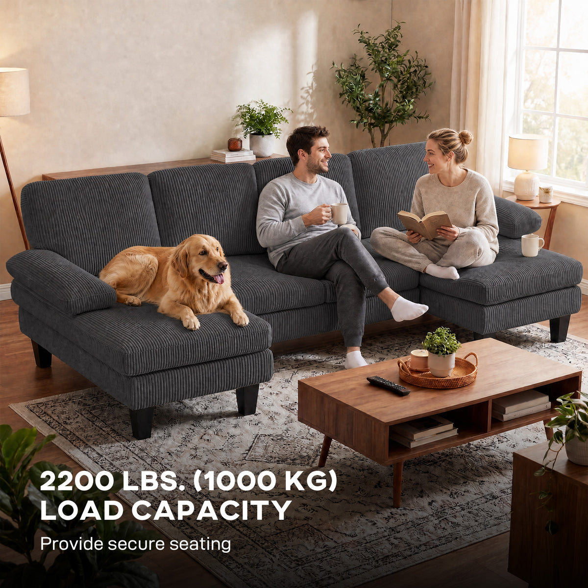 U-Shaped Sectional Sofa - Dark Grey Corduroy Double Chaise-Home Furnishings > Living Room Furniture > Sofas & Reclining Chairs > L Shaped Couchs-DECOROLALA