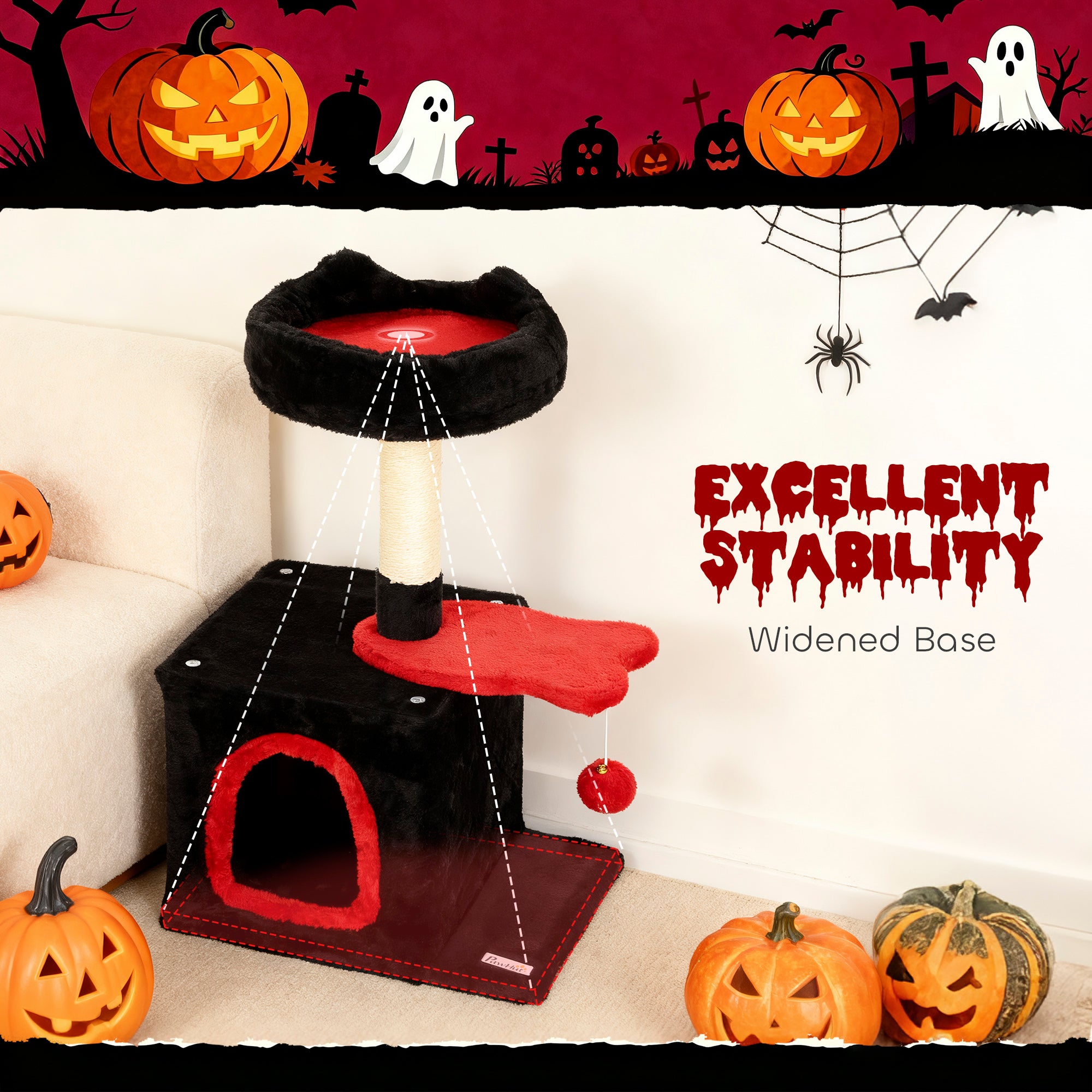 28" Gothic Cat Tree Tower with Plush Top Bed, Cozy Condo, Sisal Scratching Post, Perch, Dangling Ball, Red & Black