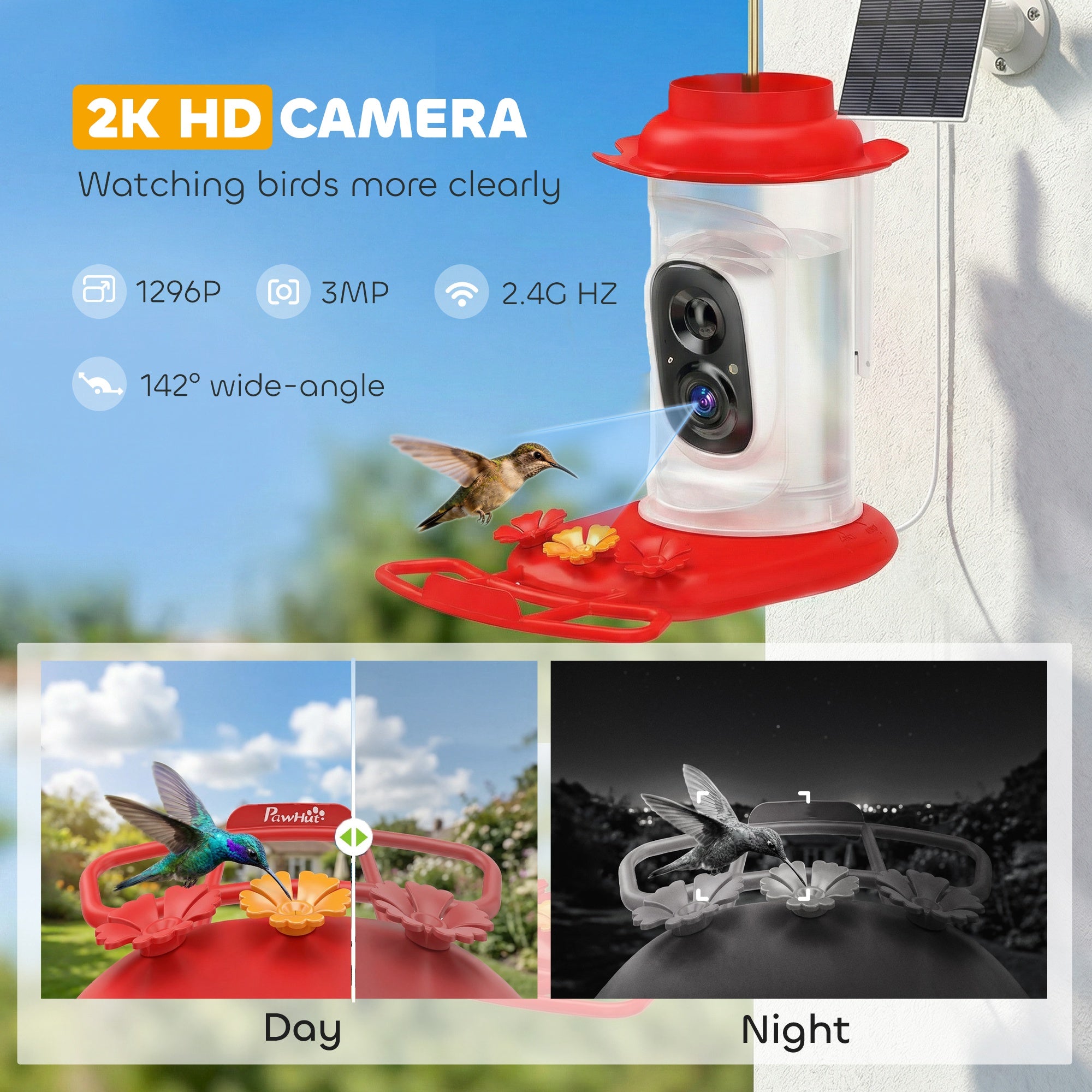 Smart Bird Feeder with Camera, AI Identify 16000 Birds, 2K HD Live Video, 3W Solar, Instant Arrival Alerts
