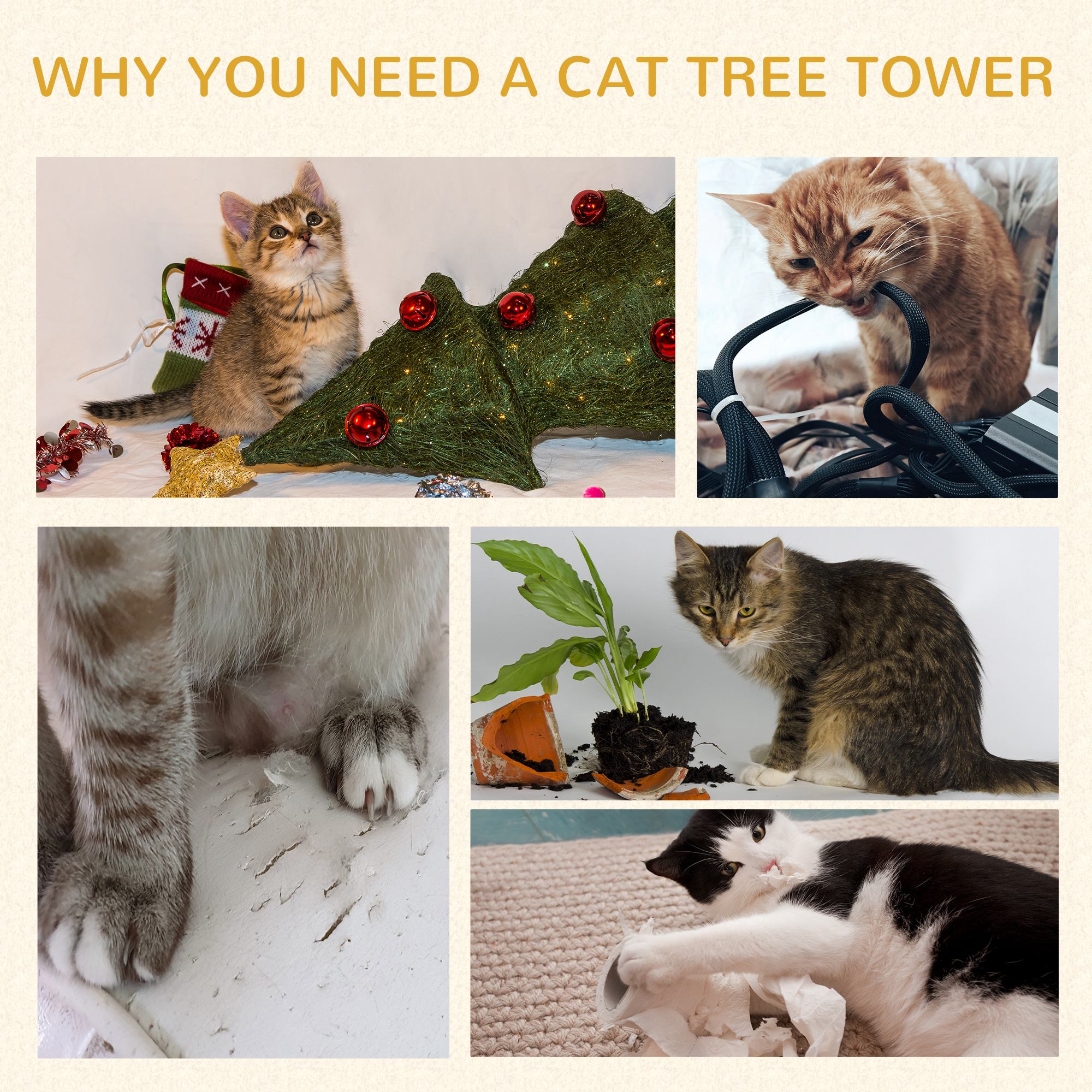 Cat Tree Kitty Tower with Sisal Mat Scratching Post, Cat Bed, Cushion, Perch, 18" x 18" x 36", Grey