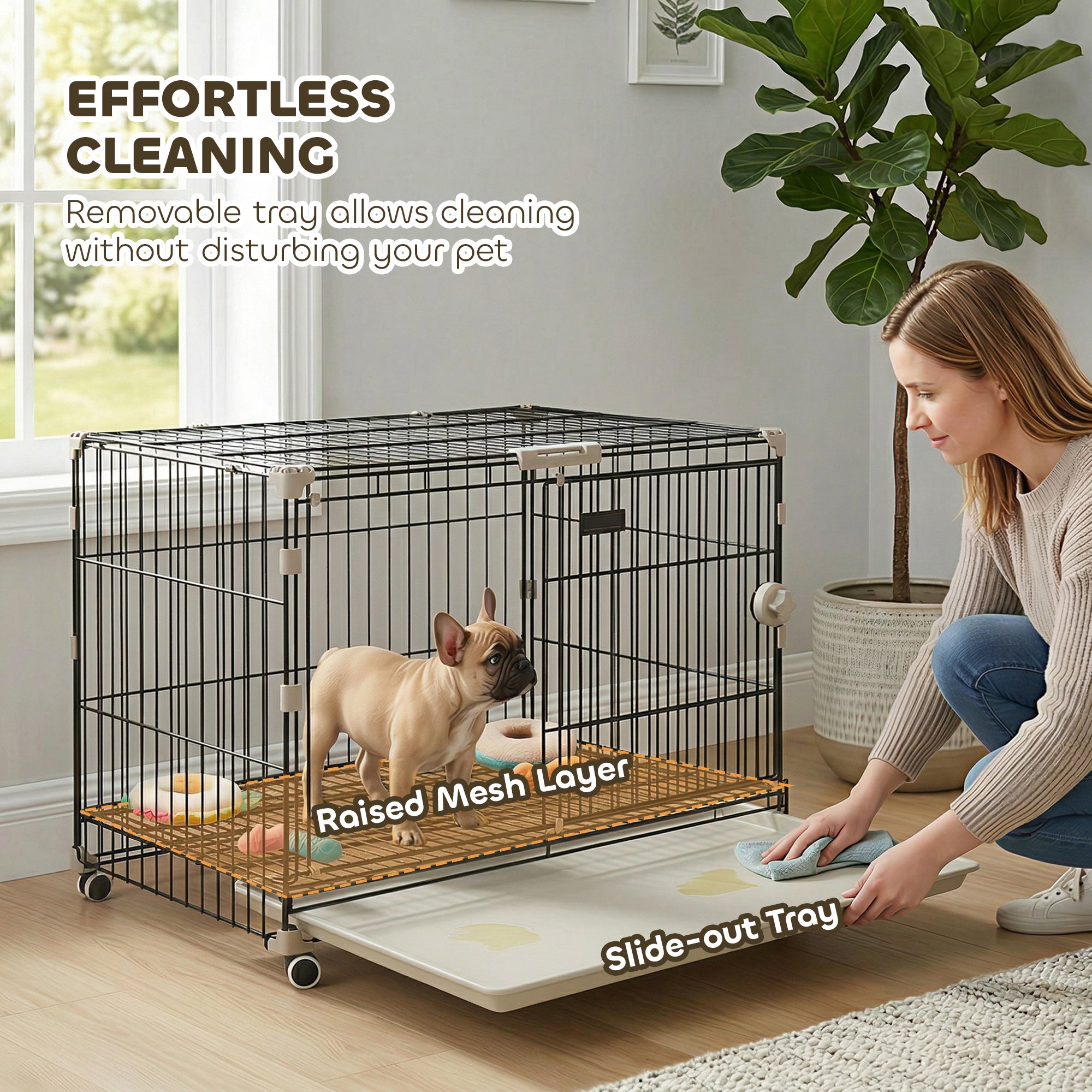 Dog Crate, 30 Inch Metal Dog Cage with Removable Tray, Lockable Wheels, 2 Doors for Small Medium Breeds, Black