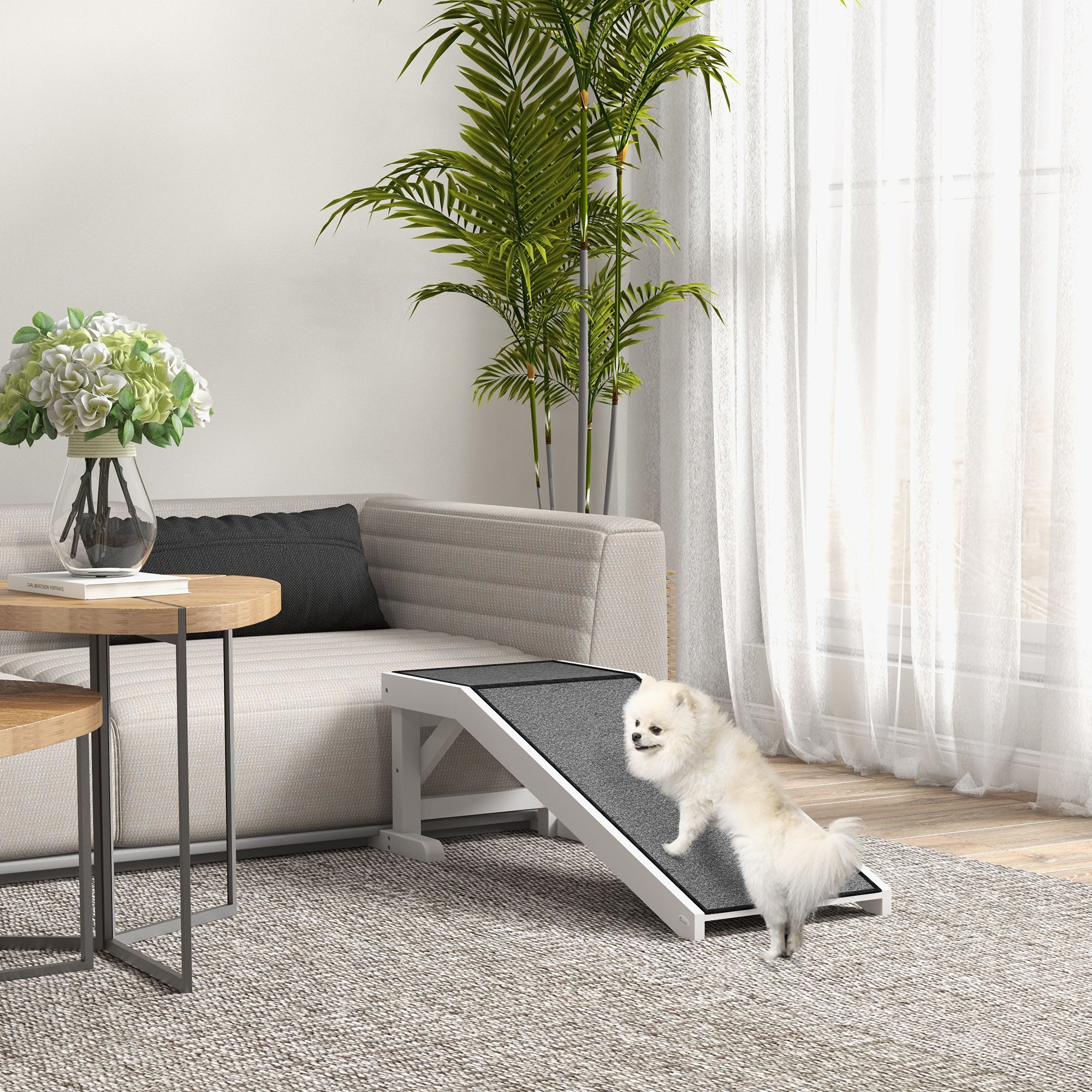 Rampe pour animaux, marches de lit pour chiens et chats avec moquette antidérapante, 49"L x 16"W x 14"H, blanc gris