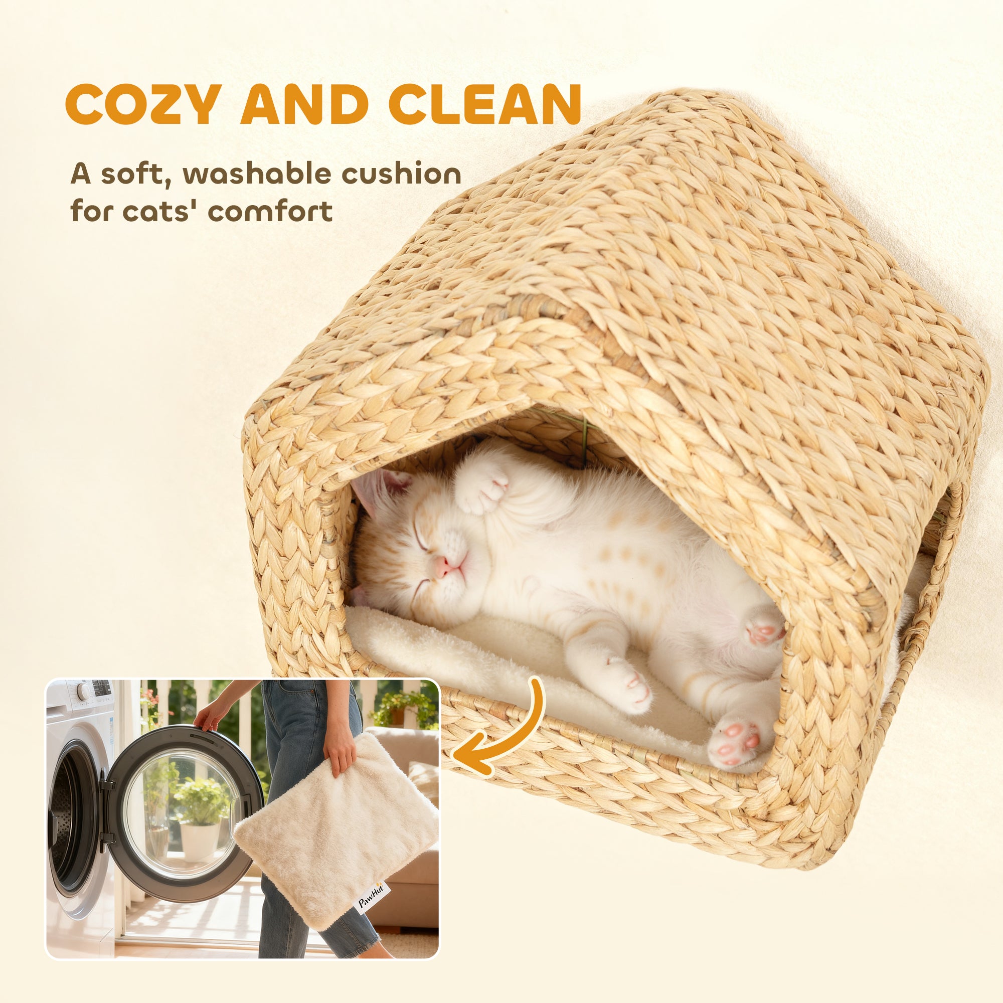 Cat Wall Shelf, Wall Mounted Cat House with Washable Cushion, Kitty Shelf Furniture for Indoor Kittens, Natural