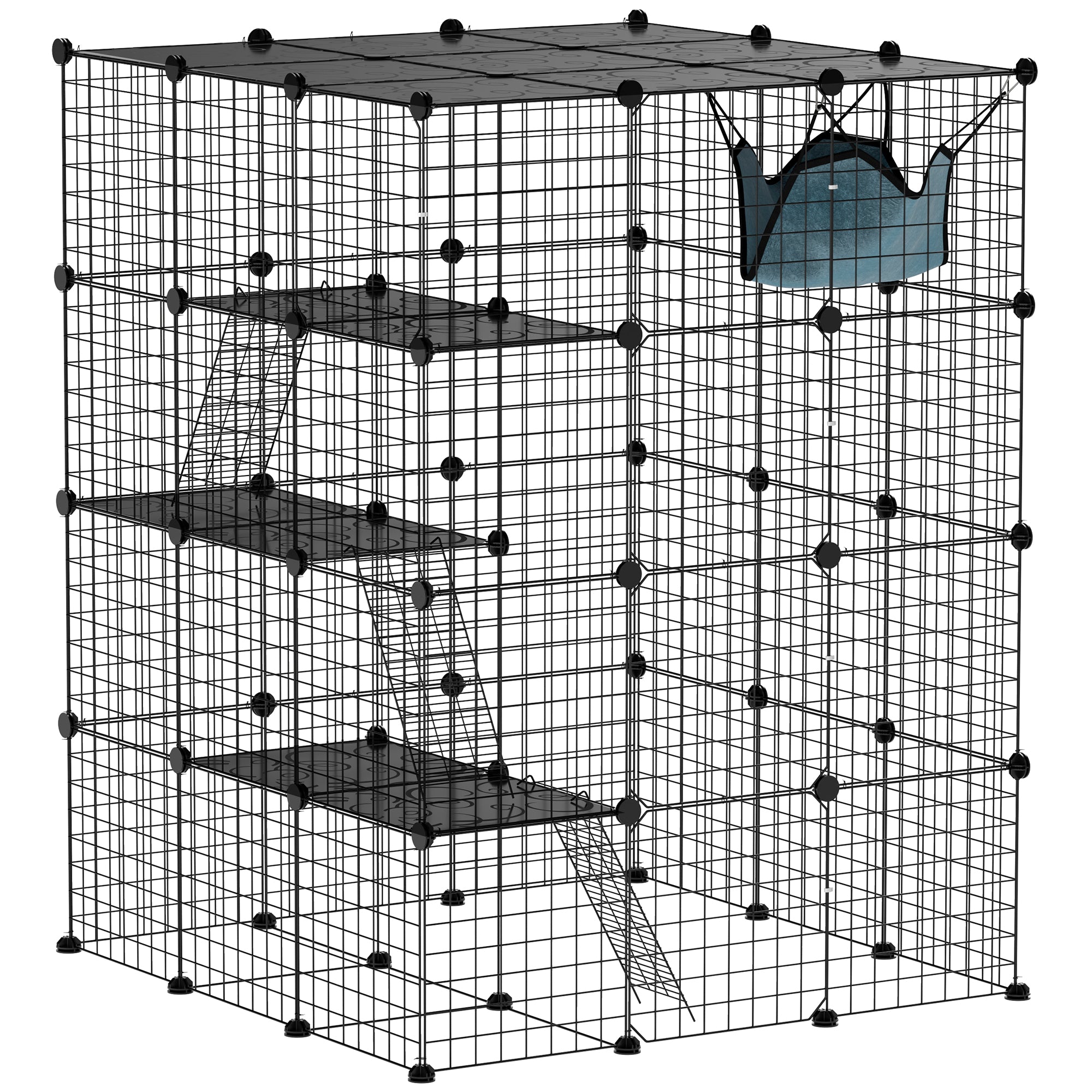 4 Tier DIY Cat Cage Indoor, Catio for 1-3 Cats with Hammock, 5 Doors, 3 Ramps, 3 Jumping Platforms, for 1-3 Cats, Black
