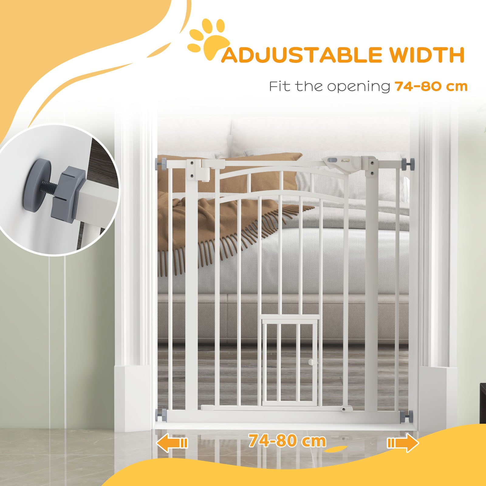 Auto-Close Pet Gate, Stair Gate with Cat Door, Double Locking for Doorways Hallways Stairs, Fits 29"-31.5" Wide, White
