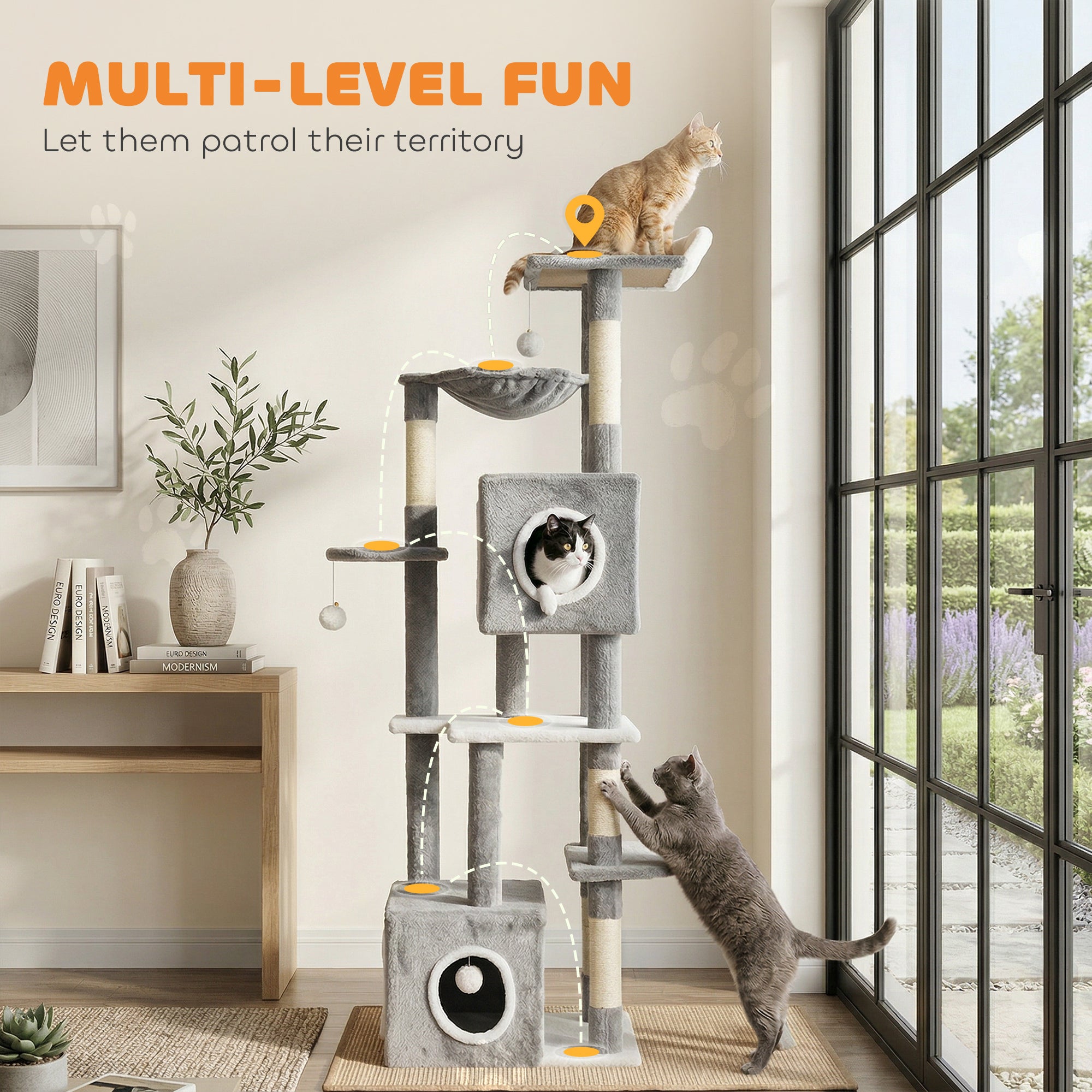 65 Inch Cat Tree with 2 Doors Condos, Plush Top Perch, Hammock, Sisal Scratching Posts, 4 Pompoms, Ramp, Grey