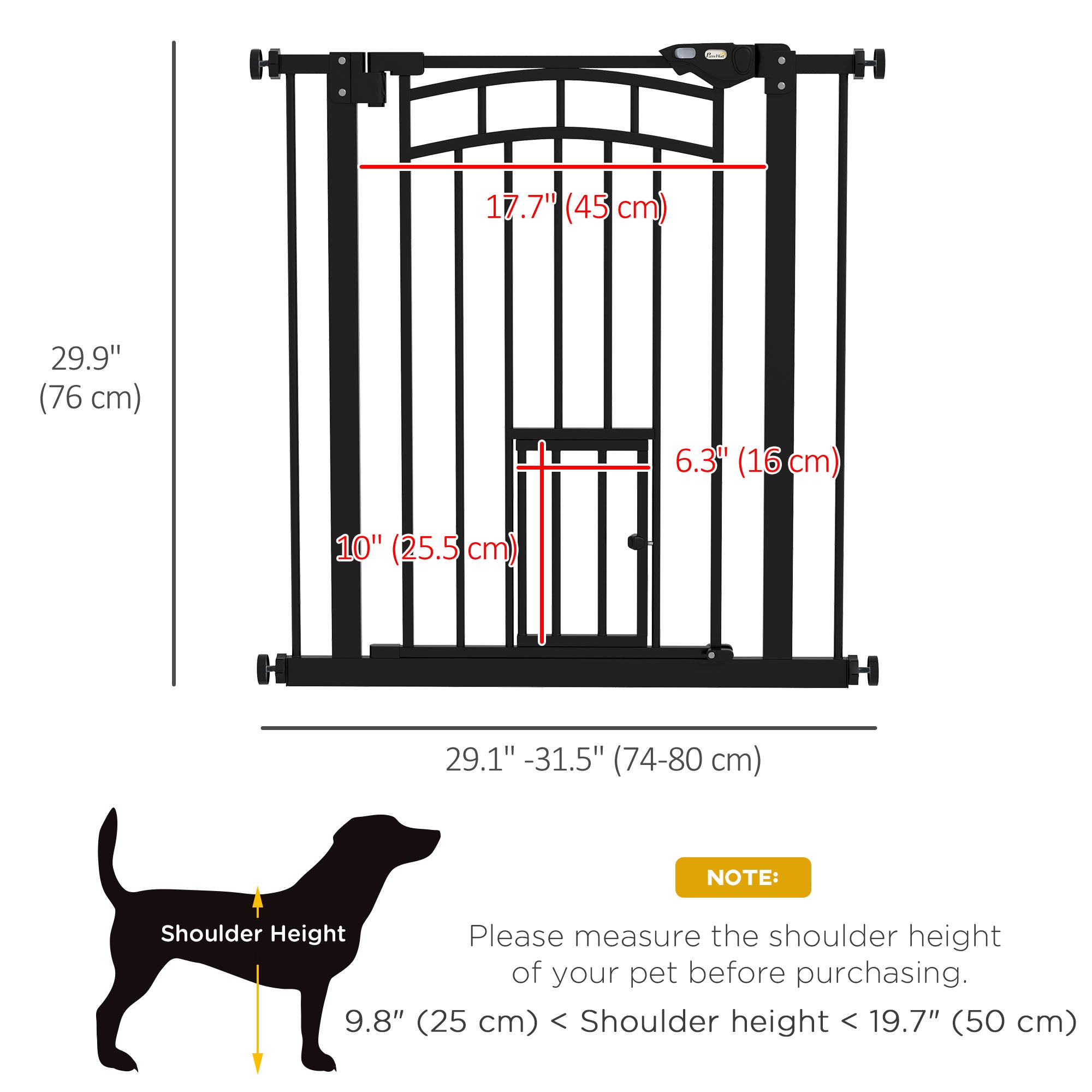 Auto-Close Pet Gate, Stair Gate with Cat Door, Double Locking for Doorways Hallways Stairs, Fits 29"-31.5" Wide, Black