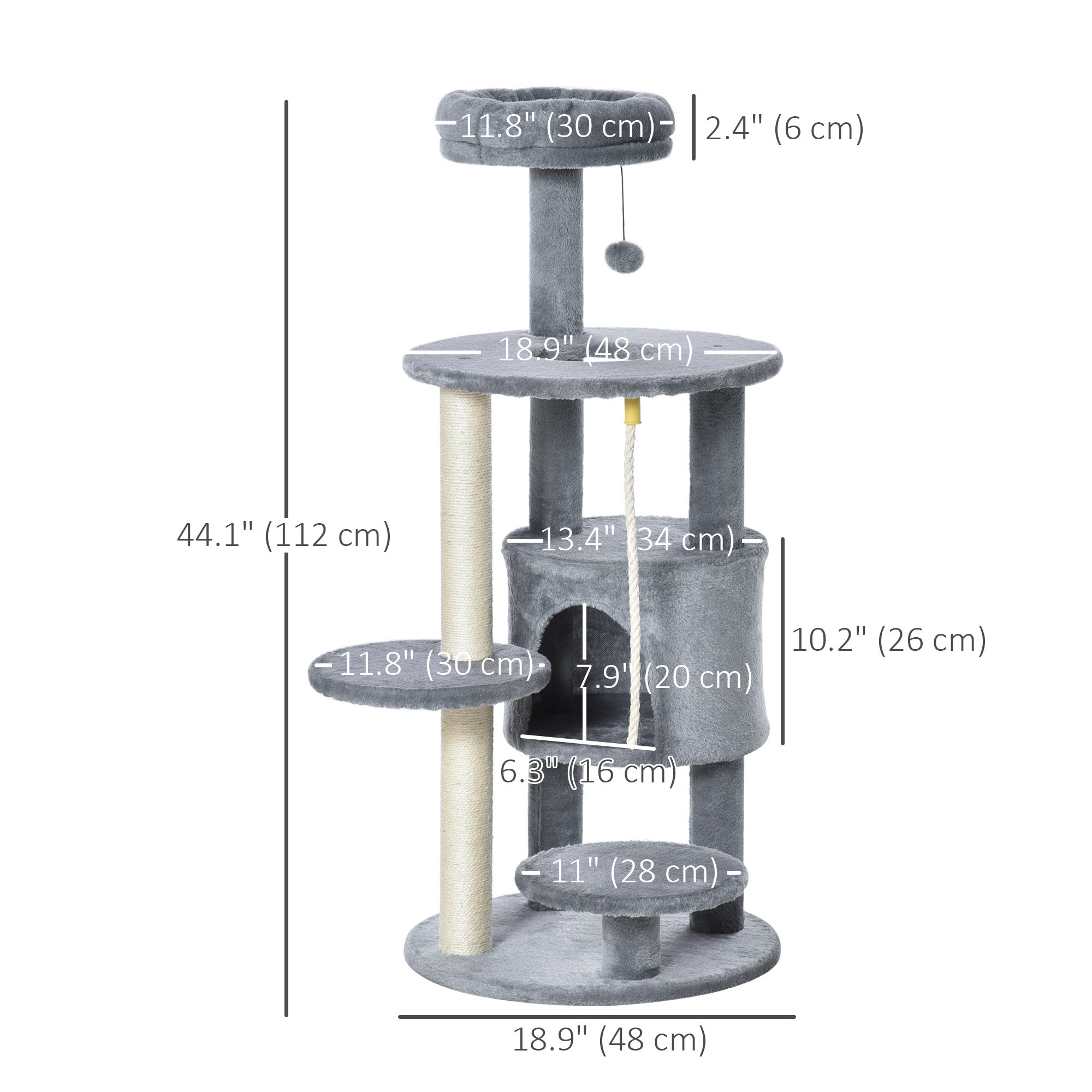 41" Cat Tree Tower Activity Center with Condo, Scratching Posts and Hanging Toys, Dark Grey