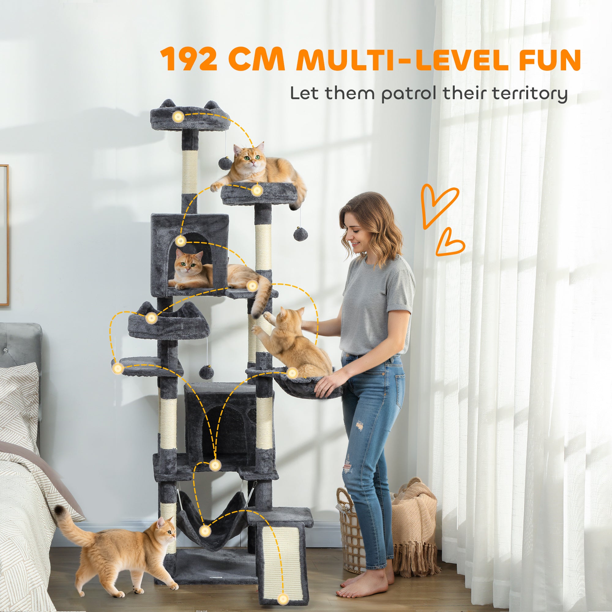 76" Large Cat Tree for Indoor Cats with 8 Scratching Posts, 3 Plush Beds, 2 Hammocks, 2 Large Condos, Ramp, Dark Grey