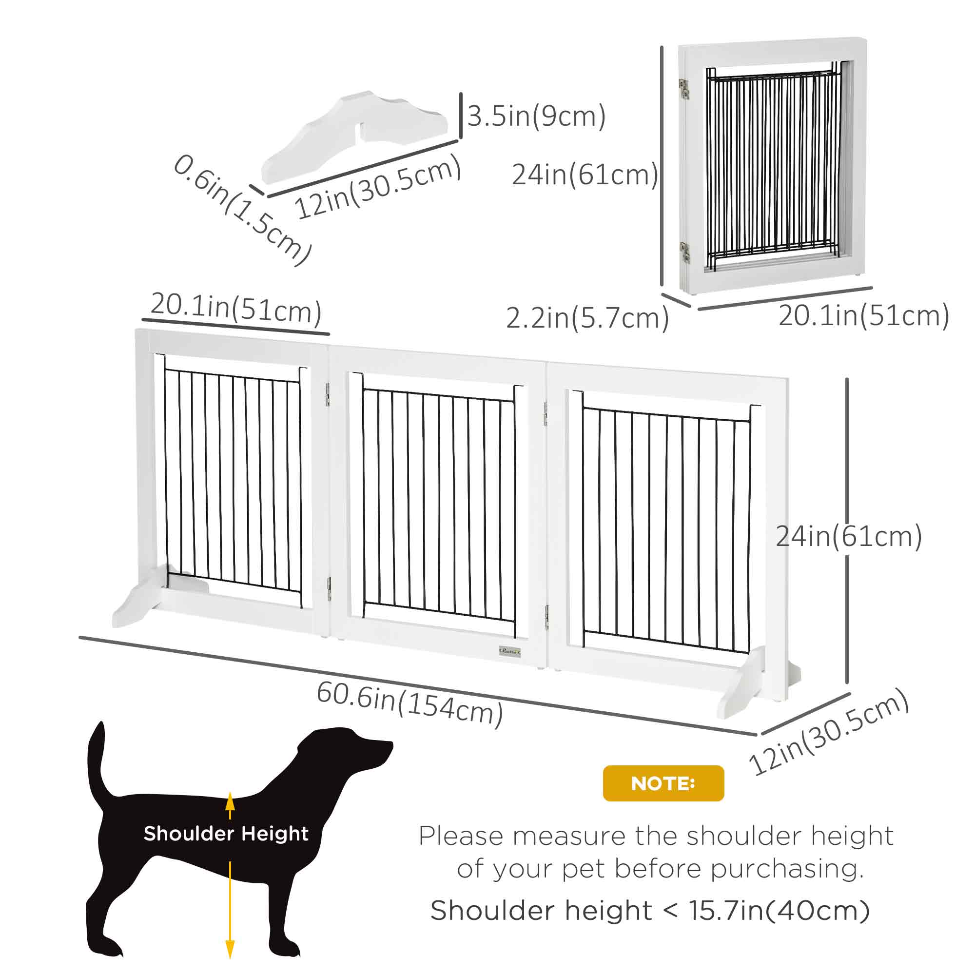 Barrière pour animaux autoportante, barrière pliante pour chiens avec 2 pieds de support, hauteur de 24", 3 panneaux, pour petits chiens, usage intérieur – blanche