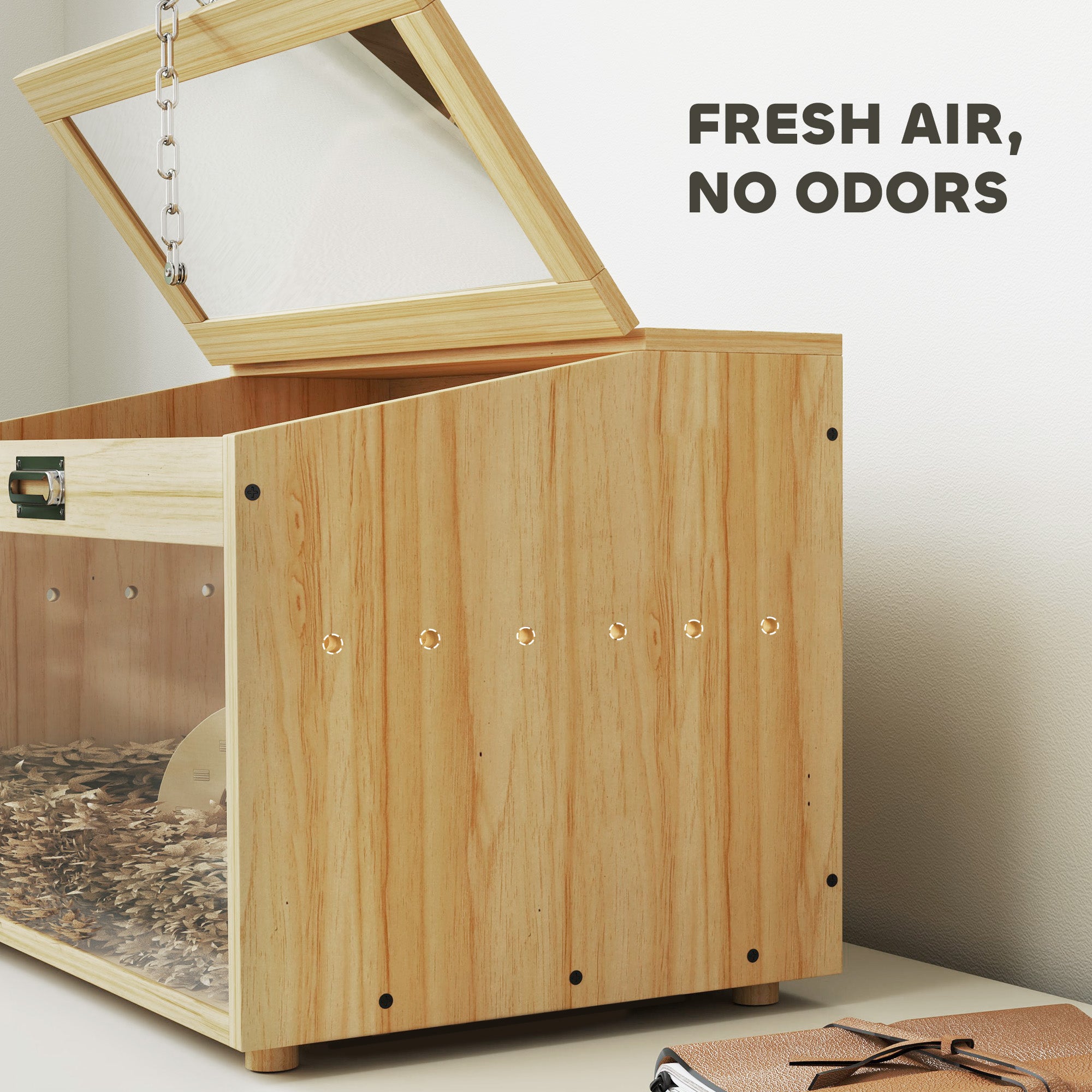 22"L Hamster Cage with Openable Top & Acrylic Windows, Small Animal Cage with Hut, Seesaw, Ladder, Natural Wood