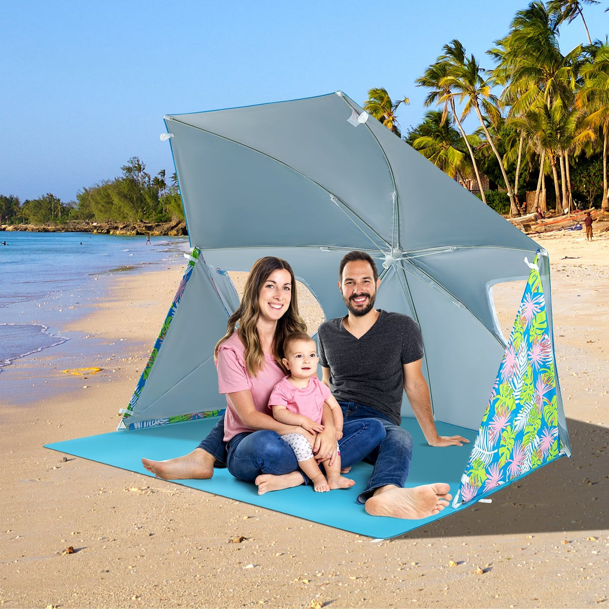 UPF50+ Sun Protection Beach Umbrella Tent with Portable Carrying Bag-Blue-Tents-DECOROLALA
