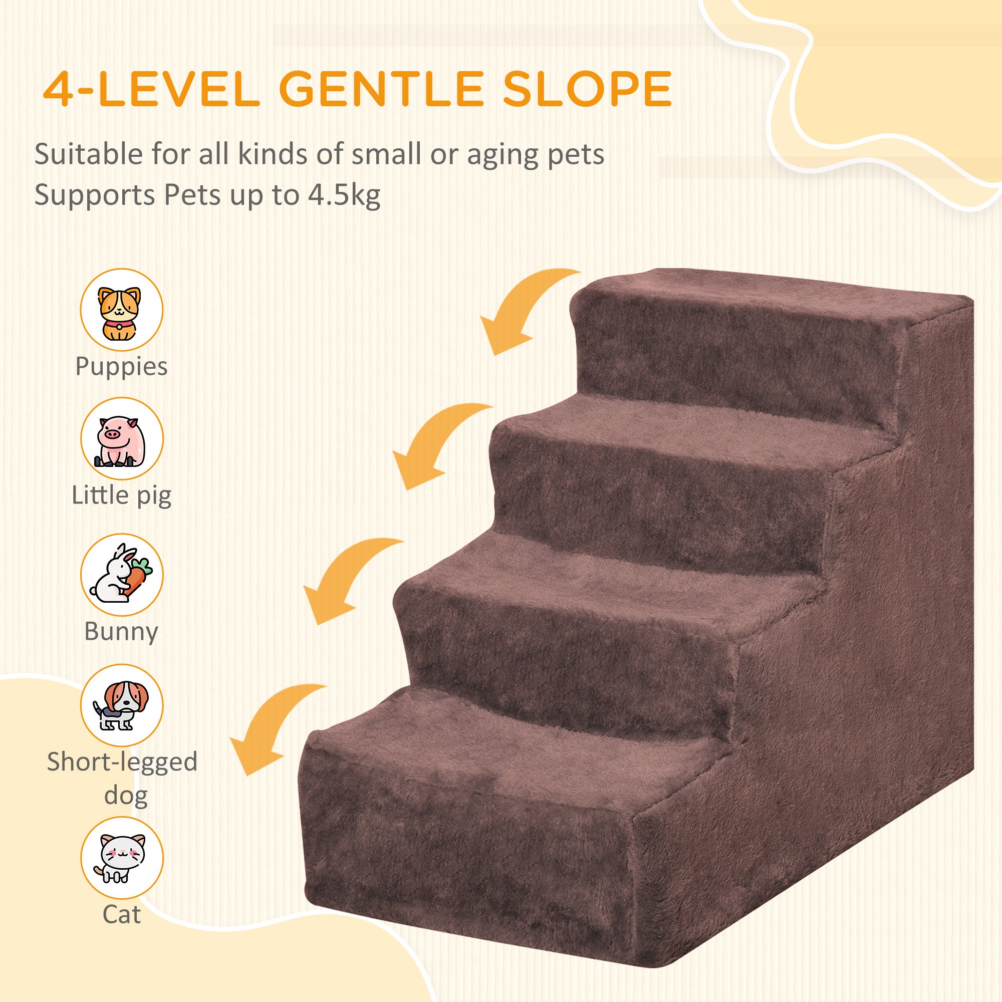 4-Step Dog Ramp for Sofa, Bed, and Couch, with Removable Cover, Brown