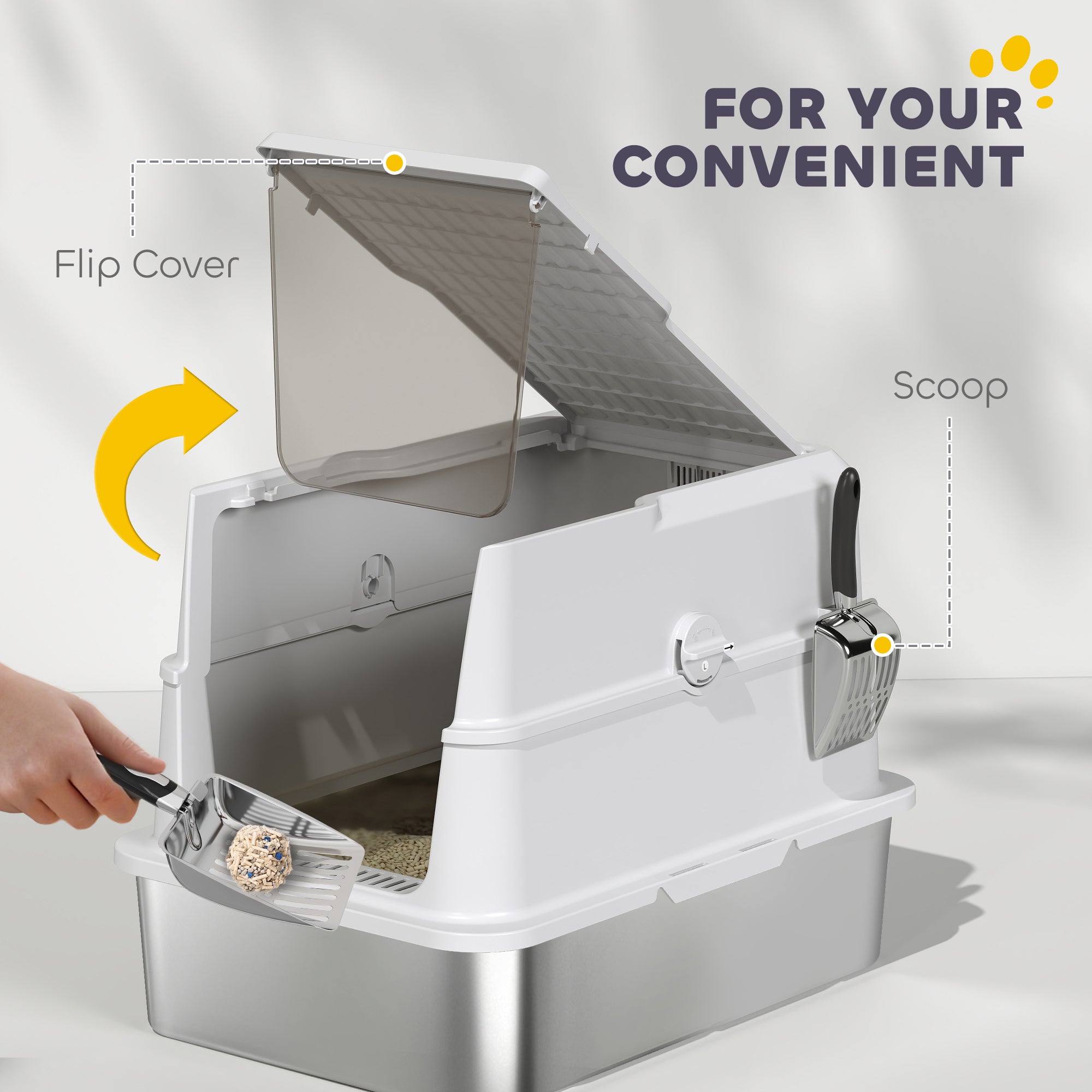 XL Stainless Steel Cat Litter Box for Big Cats with Flip Top, Scoop, Easy Clean & No Odors, Non-Sticky