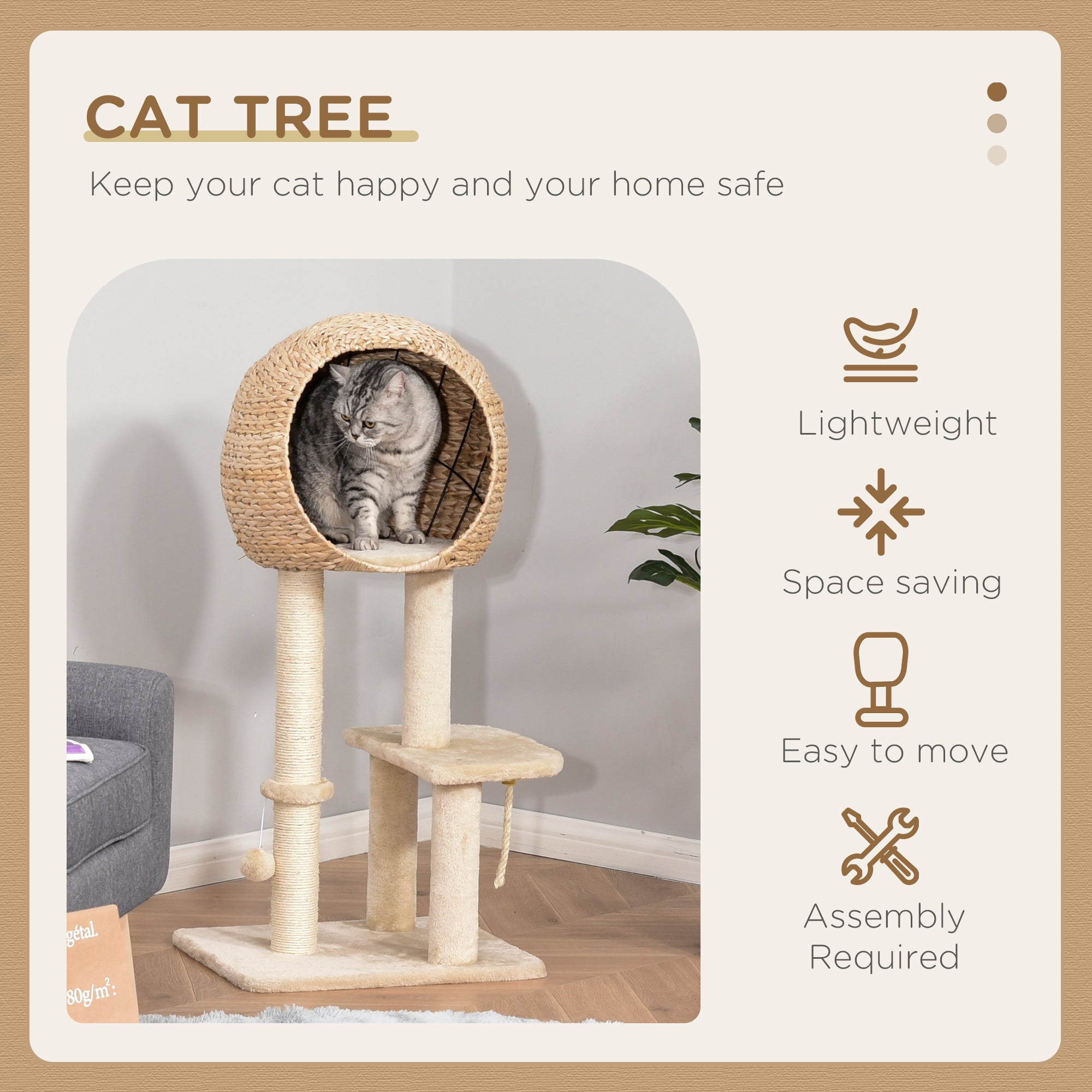 Arbre à chat de 39" de hauteur avec poteau à griffer en sisal, niche, perchoir moelleux, corde suspendue et balle suspendue, beige