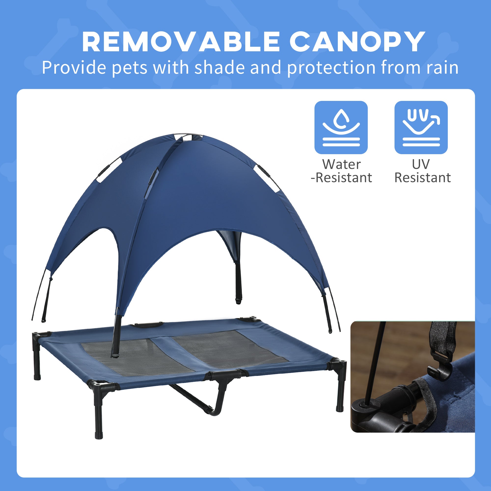 Lit surélevé pour chien avec auvent, lit pliant surélevé portable pour chiens de taille L, intérieur et extérieur, 36" x 30" x 35", bleu foncé