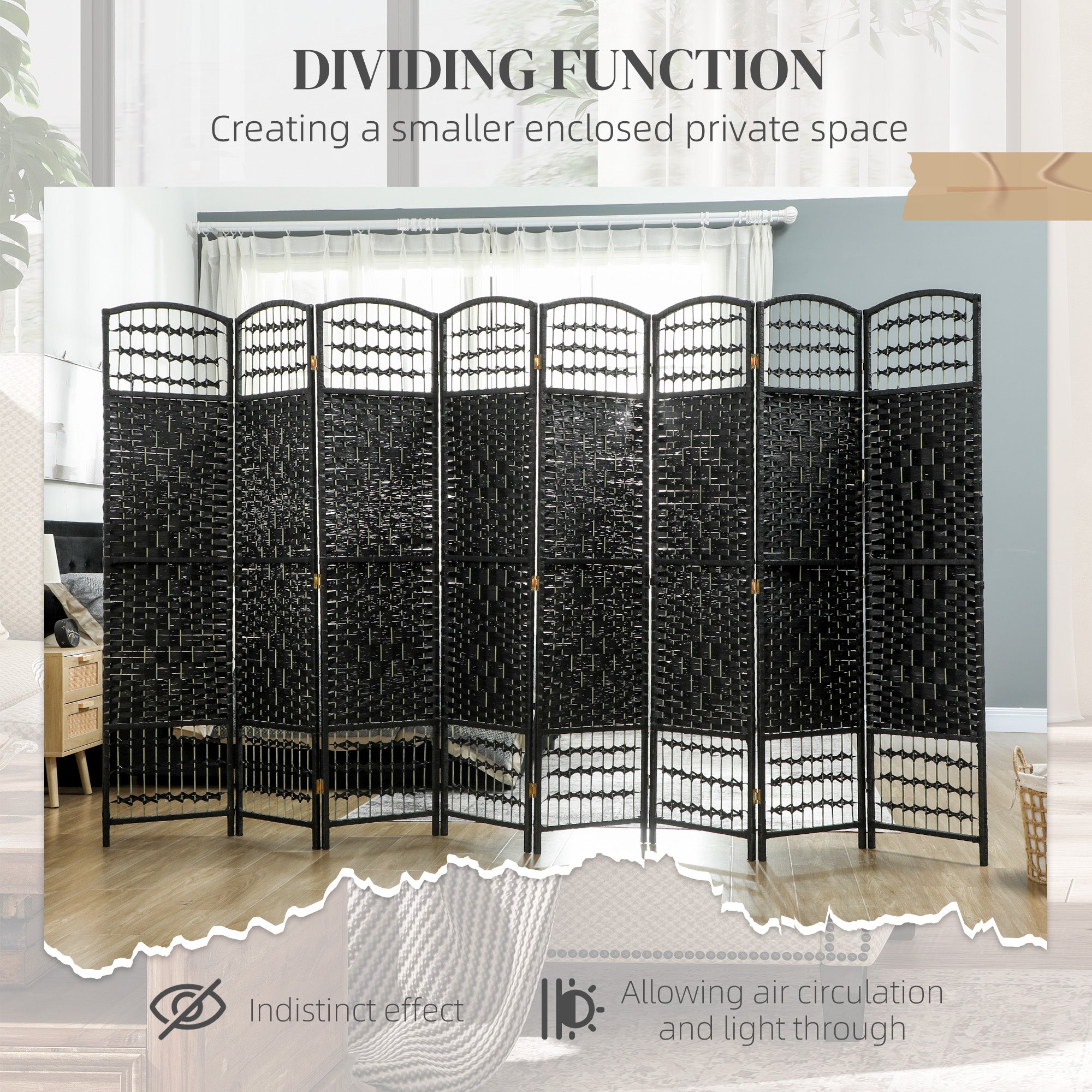 8 Panel Folding Room Divider, Portable Privacy Screen, Wave Fiber Room Partition for Home Office, Black