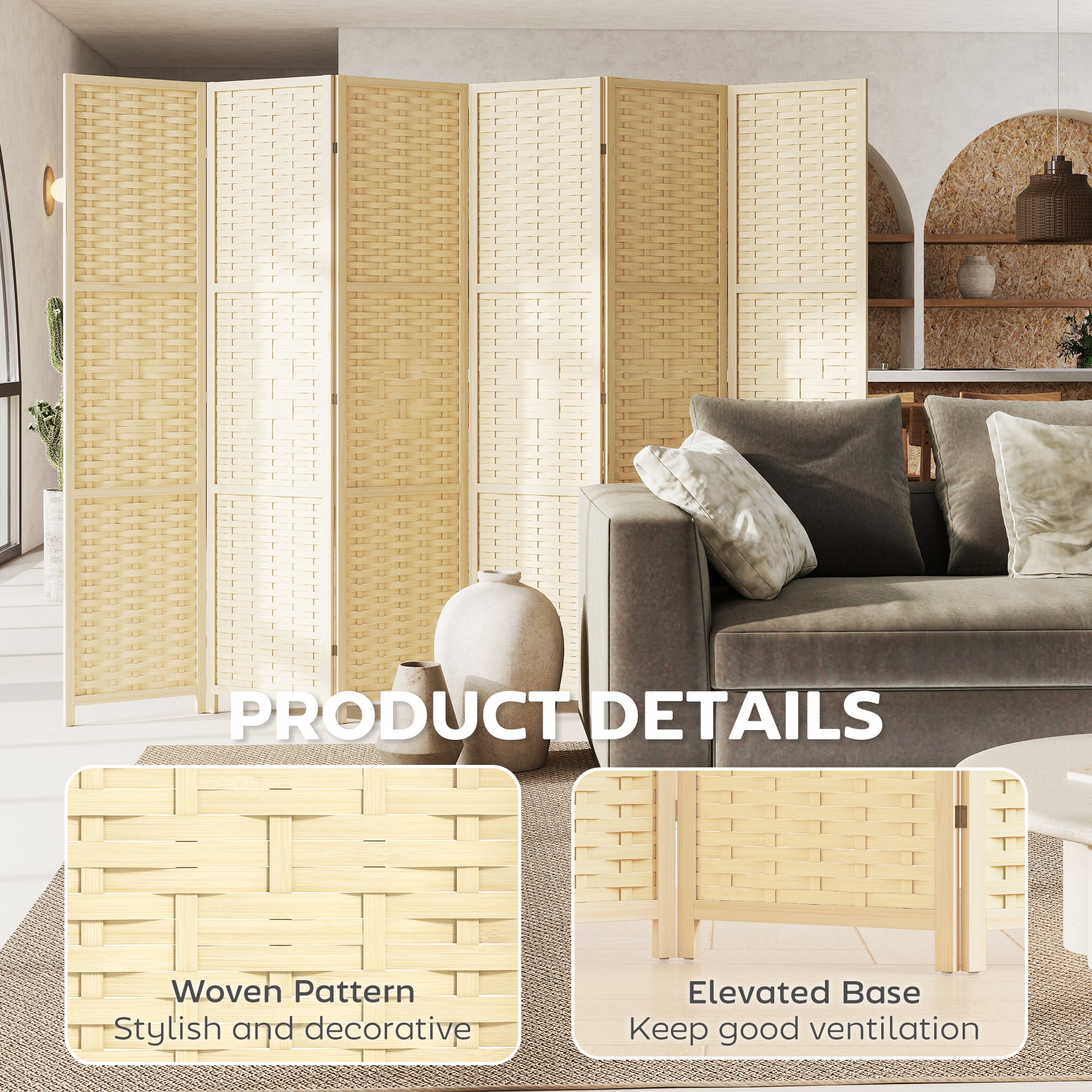 6-Panel Room Divider, 5.6 FT Freestanding Folding Privacy Screen, Partition Wall Divider, Natural Wood