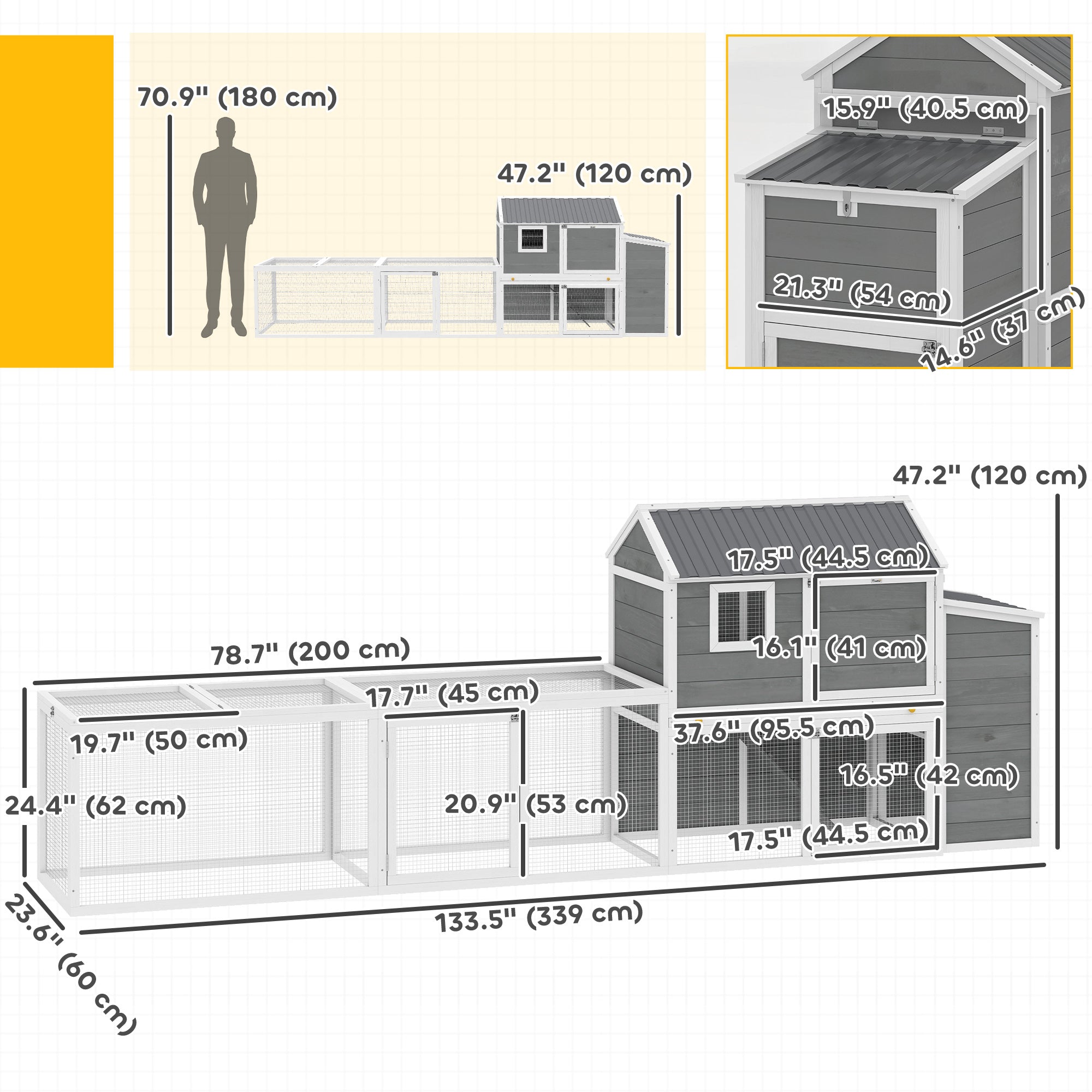 Large Chicken Coop, 134"L Wooden Chicken House with Run, Nesting Box, Slide-Out Tray, Waterproof Roof and Ramp