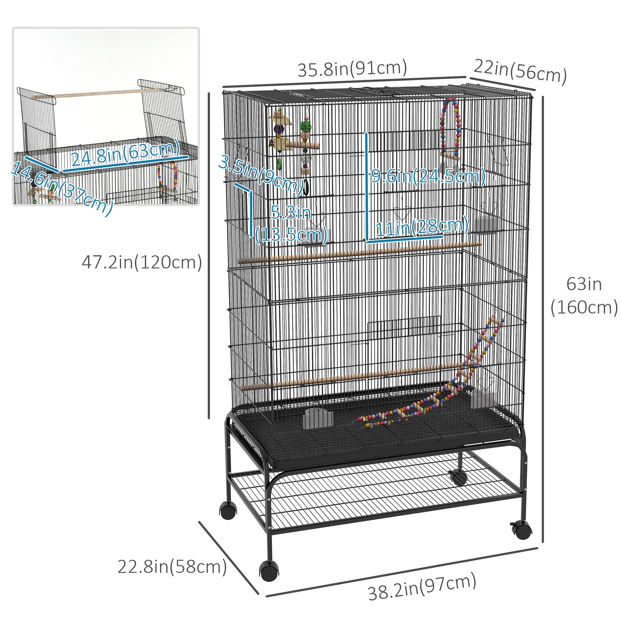 63" Bird Cage w/ Open Top for Budgies, Cockatiels, Lovebirds Finches, Stand, Toys, Removable Tray, Storage Shelf