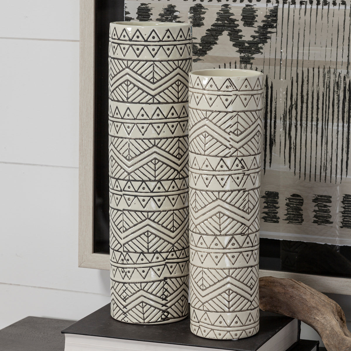 Uhura II Large Cream Black Patterned Cylindrical Ceramic Vase-Vase-DECOROLALA