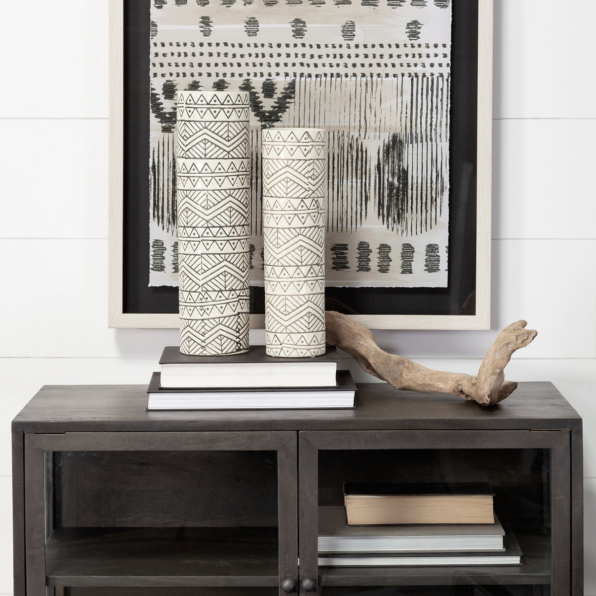 Uhura II Large Cream Black Patterned Cylindrical Ceramic Vase-Vase-DECOROLALA
