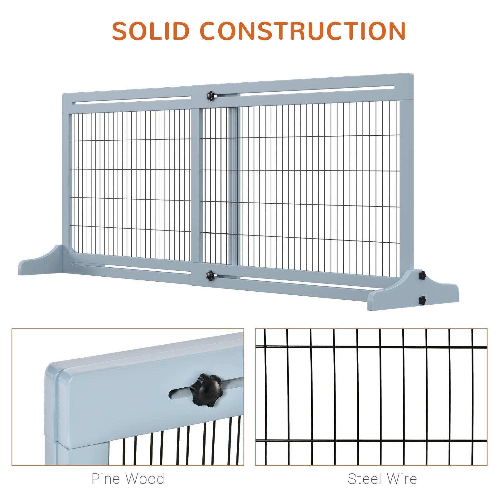 41"-71" Wooden Freestanding Pet Gate with Support Feet, for Small Medium Dogs, Grey-Blue