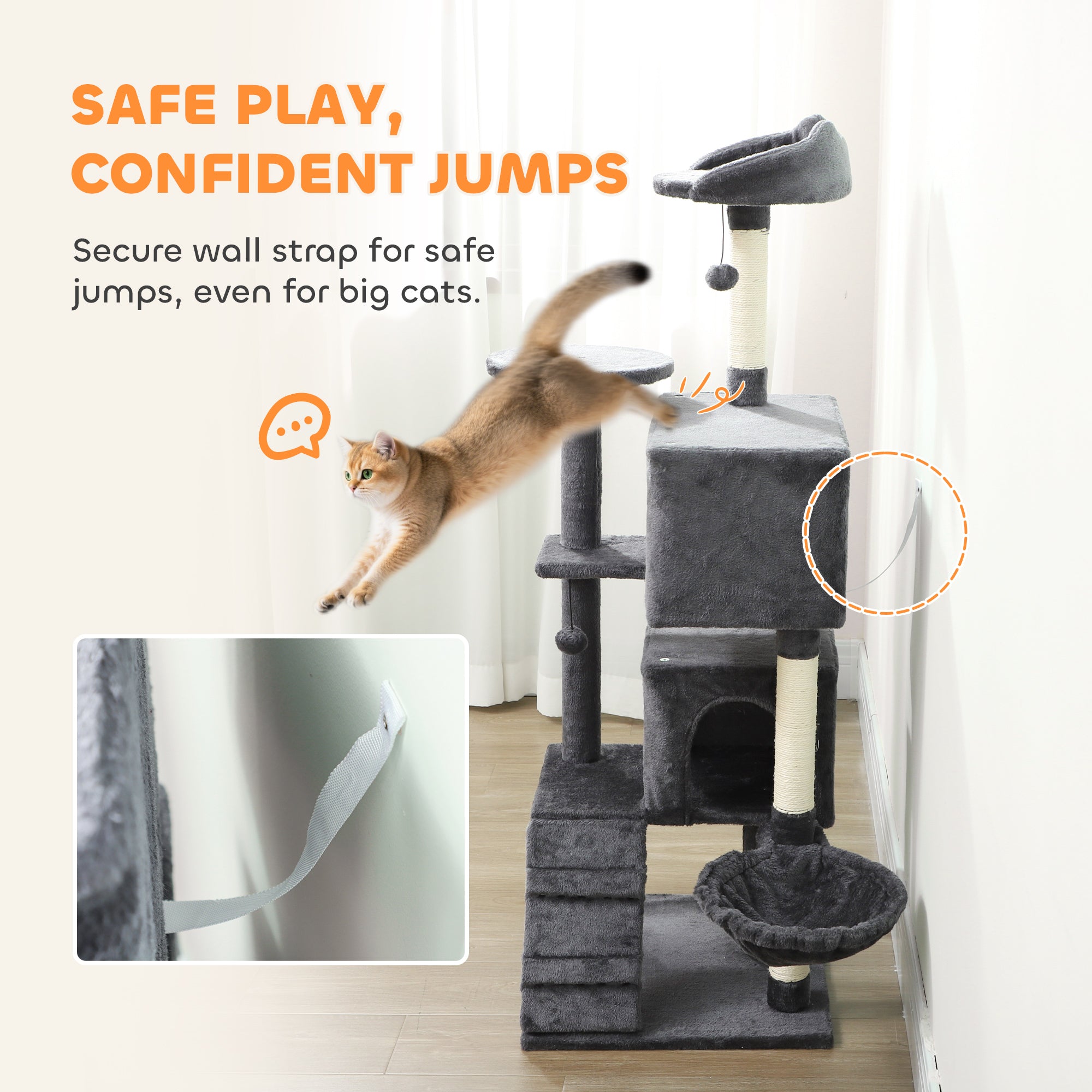 63 Inch Cat Tree with Sisal Scratching Posts, Condos, Plush Perches, Hammock, Ladder, Dangling Balls, Dark Grey