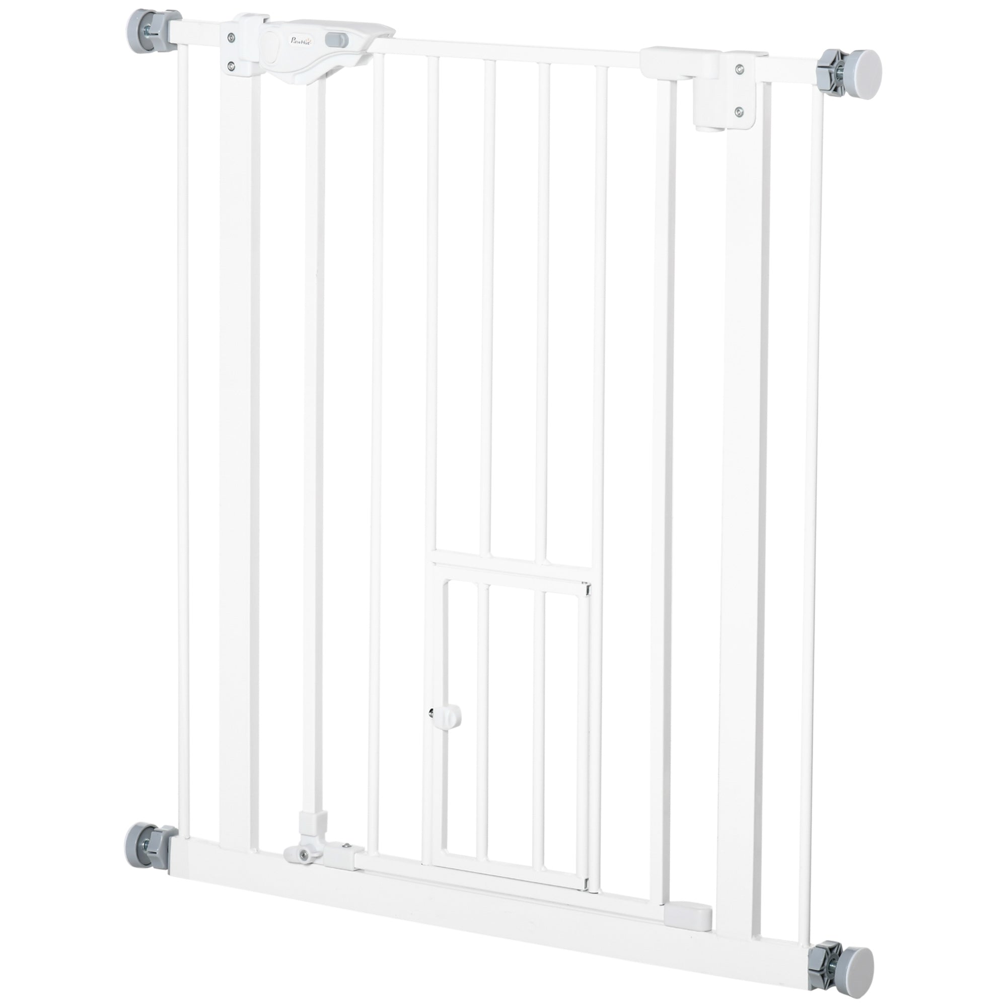 Barrière pour animaux extra-large à fixation par pression avec chatière, fermeture automatique, pour escaliers et couloirs, 29-32 pouces, blanche