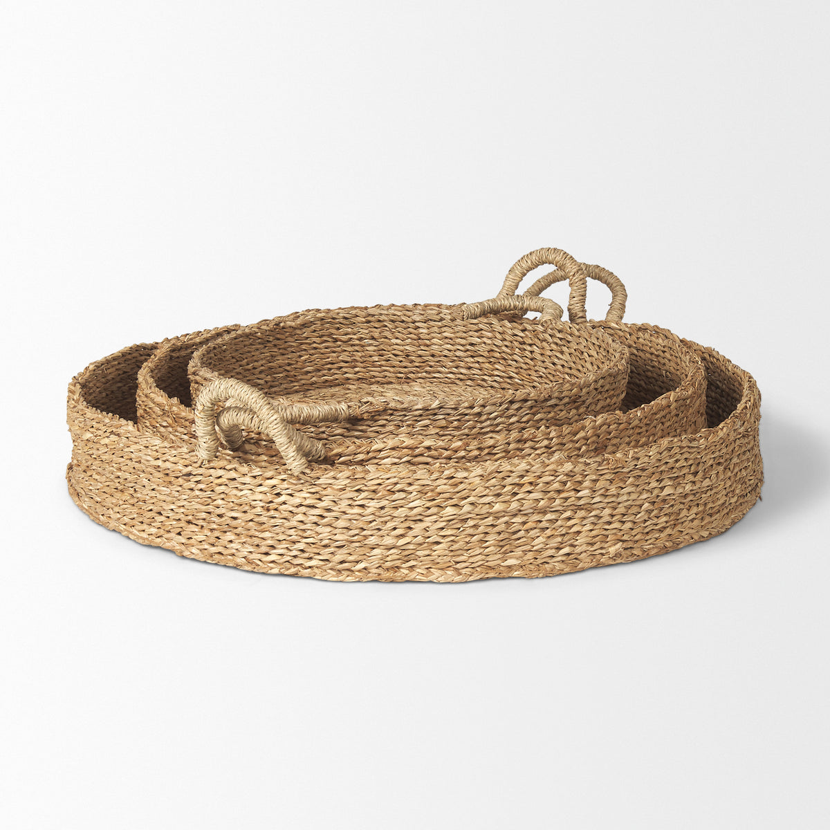 Ulana Set of 3 Round Nesting Seagrass Trays w/ Loop Handles-Trays-DECOROLALA