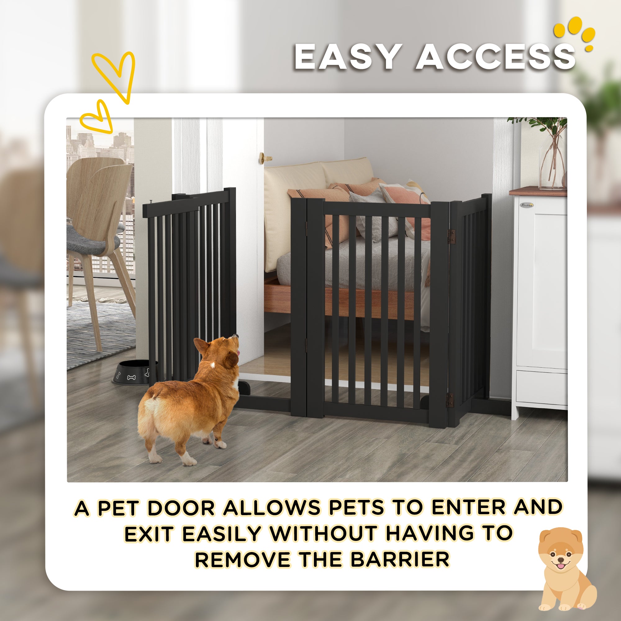 4 Panel Free Standing Wooden Pet Gate with Open Door Black