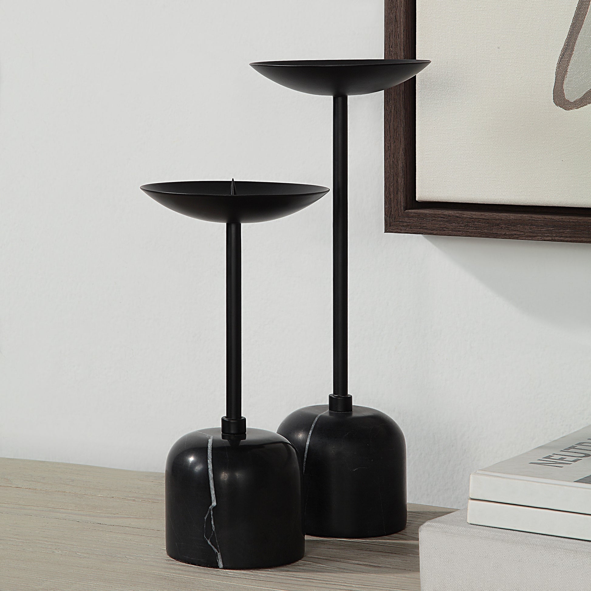 Uma Indoor Iron Set Of 2 Pillar Candle Holder, Matte Black-Candle Holder-DECOROLALA
