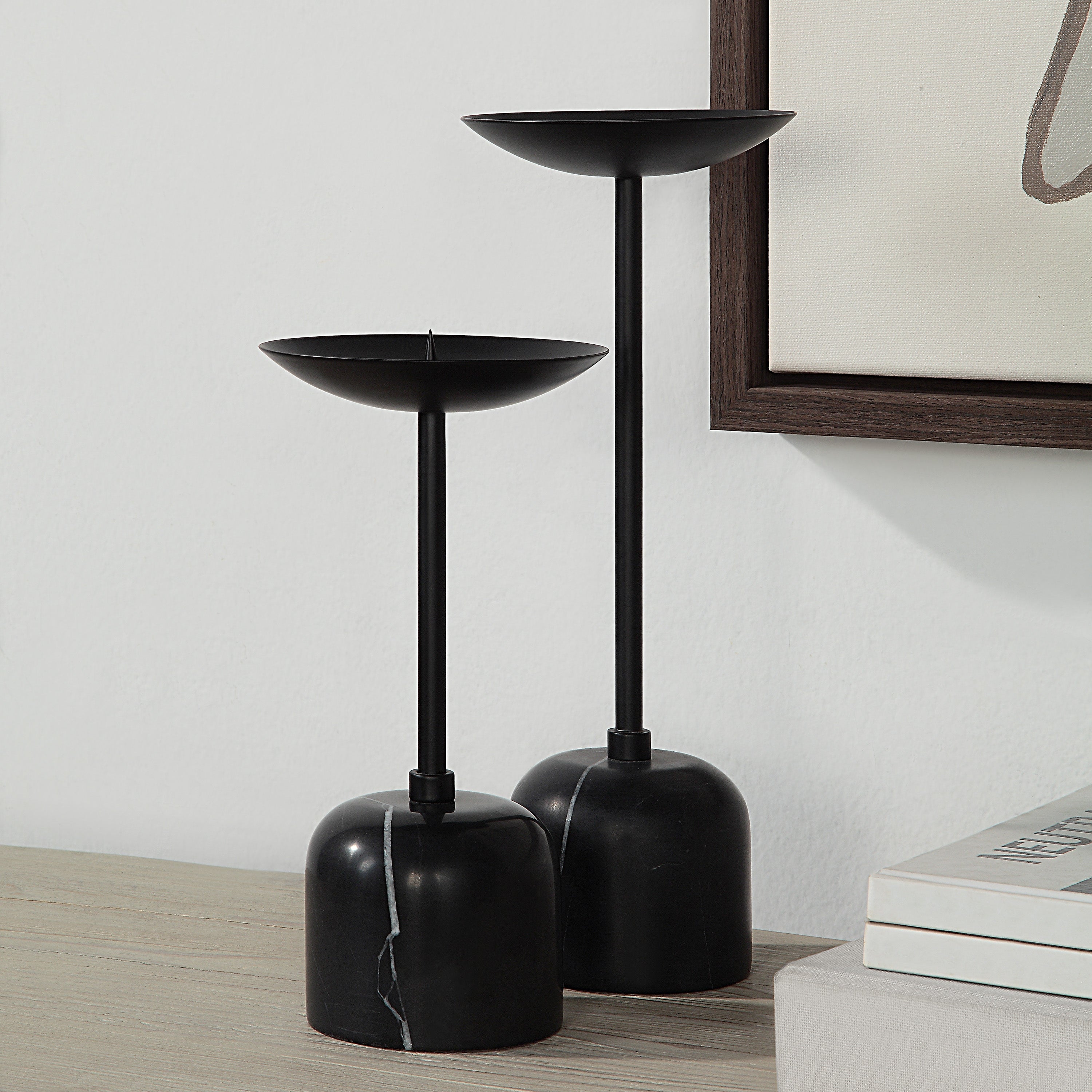 Uma Indoor Iron Set Of 2 Pillar Candle Holder, Matte Black-Candle Holder-DECOROLALA