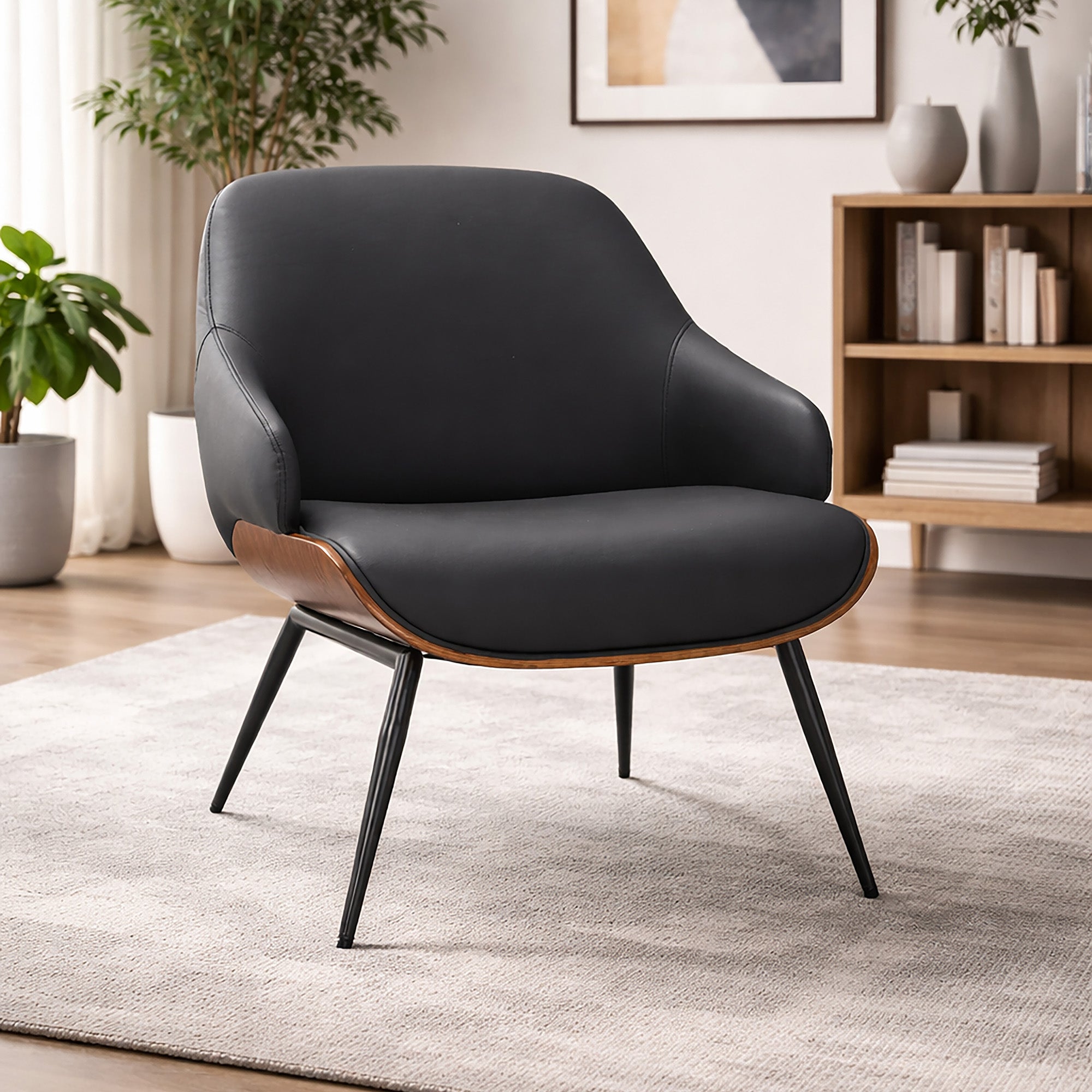 Umber Accent Chair - Black Faux Leather Walnut Finish-DECOROLALA