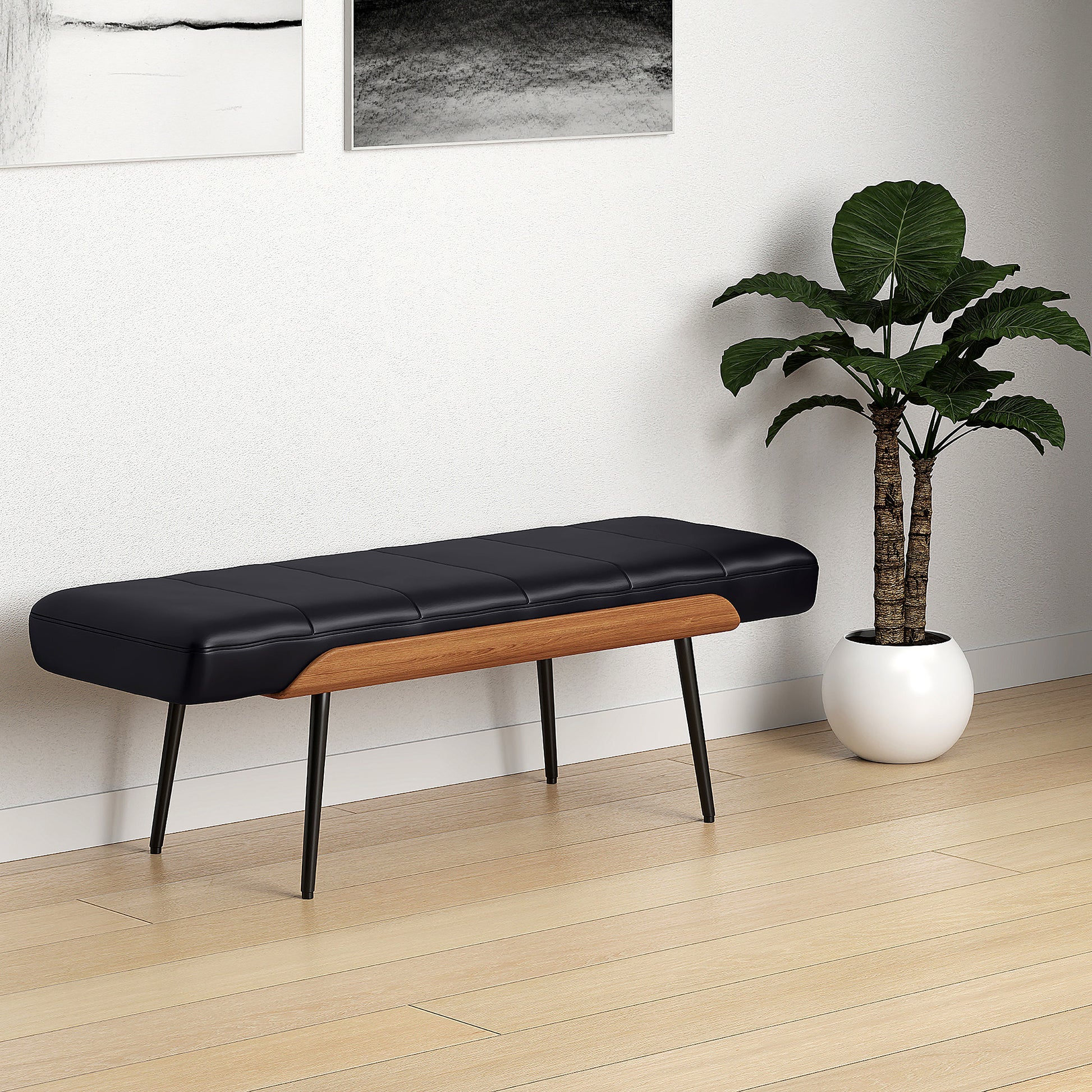 Umber Entryway Bench - Black Faux Leather Walnut Finish-DECOROLALA