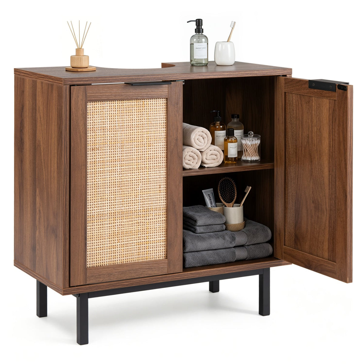 Under Sink Bathroom Vanity Cabinet with Rattan Doors - Brown-Floor Cabinets-DECOROLALA