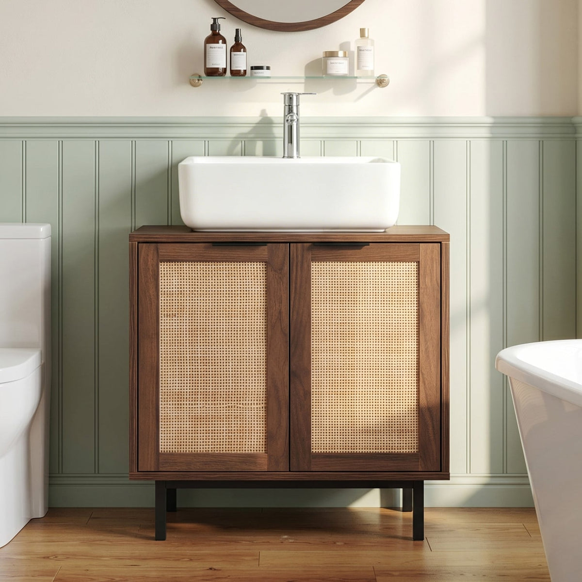 Under Sink Bathroom Vanity Cabinet with Rattan Doors - Brown-Floor Cabinets-DECOROLALA