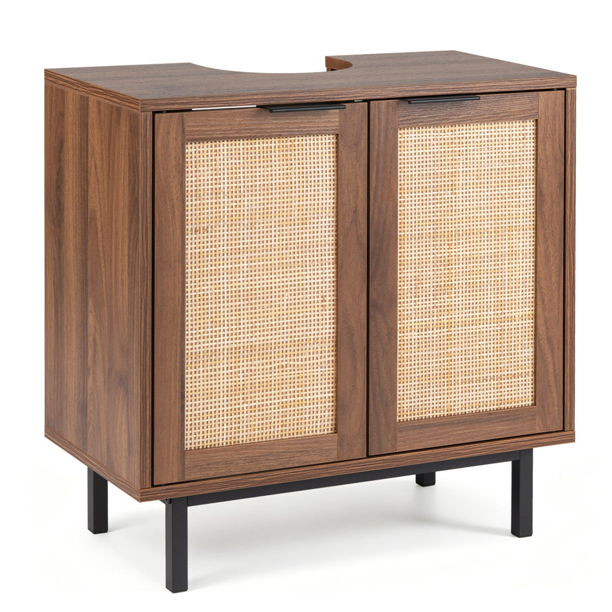 Under Sink Bathroom Vanity Cabinet with Rattan Doors - Brown-Floor Cabinets-DECOROLALA