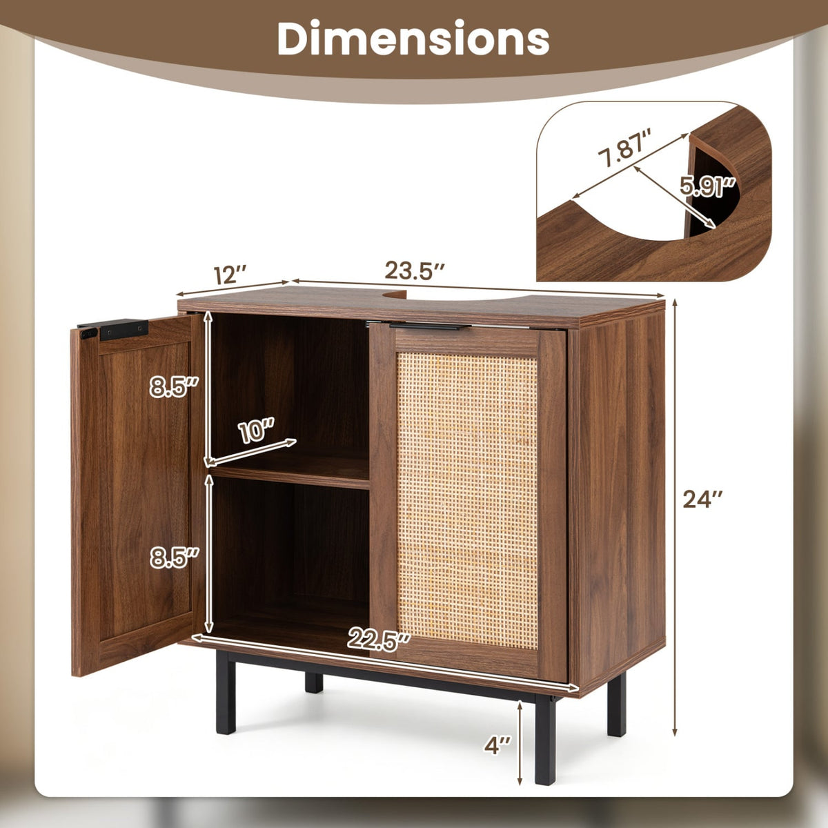 Under Sink Bathroom Vanity Cabinet with Rattan Doors - Brown-Floor Cabinets-DECOROLALA