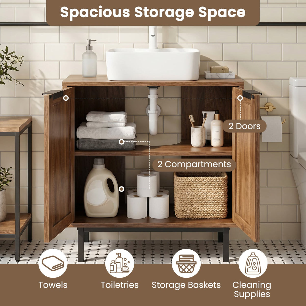 Under Sink Bathroom Vanity Cabinet with Rattan Doors - Brown-Floor Cabinets-DECOROLALA