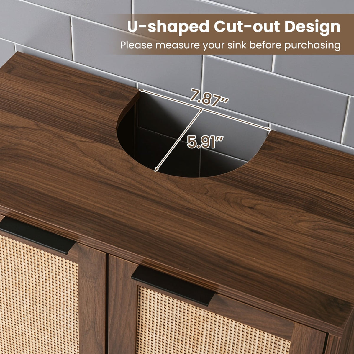Under Sink Bathroom Vanity Cabinet with Rattan Doors - Brown-Floor Cabinets-DECOROLALA