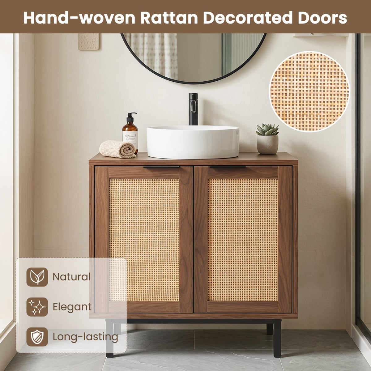 Under Sink Bathroom Vanity Cabinet with Rattan Doors - Brown-Floor Cabinets-DECOROLALA