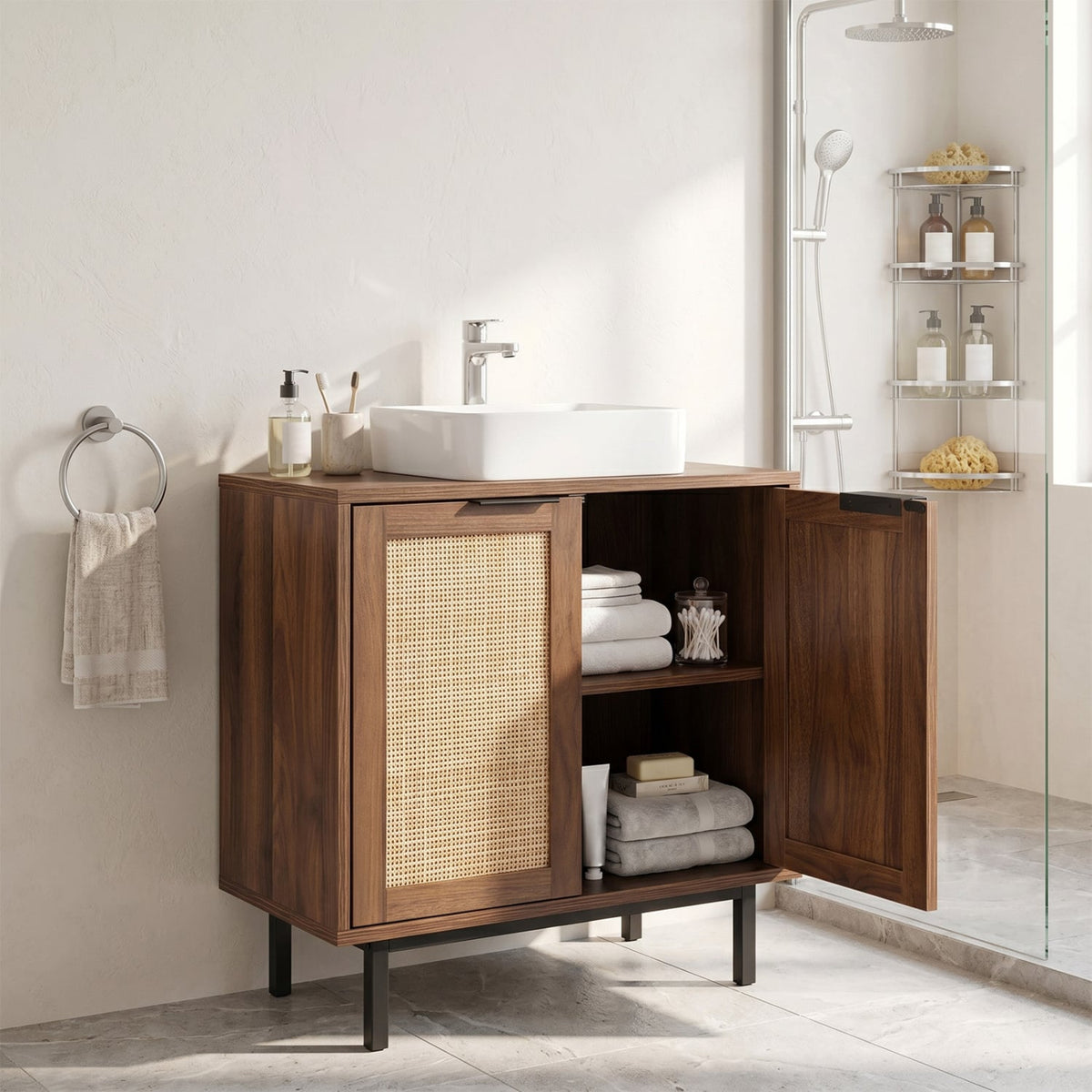 Under Sink Bathroom Vanity Cabinet with Rattan Doors - Brown-Floor Cabinets-DECOROLALA