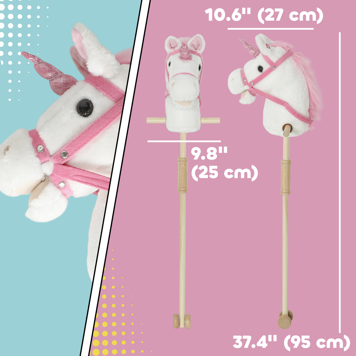 Unicorn Stick Horse, Plush Hobby Horse with Wood Wheels, Real Pony Neighing and Galloping Sounds, for Kids, White-Toys & Games > Baby & Toddler Toys > Riding & Rocking Toys > Rocking Horses-DECOROLALA