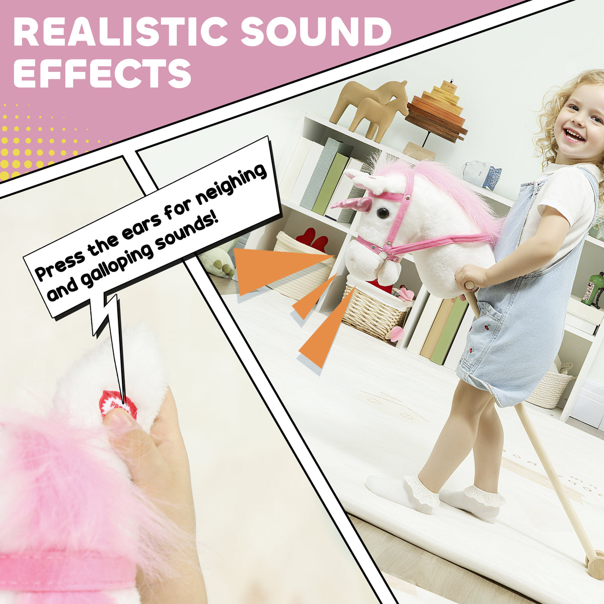 Unicorn Stick Horse, Plush Hobby Horse with Wood Wheels, Real Pony Neighing and Galloping Sounds, for Kids, White-Toys & Games > Baby & Toddler Toys > Riding & Rocking Toys > Rocking Horses-DECOROLALA