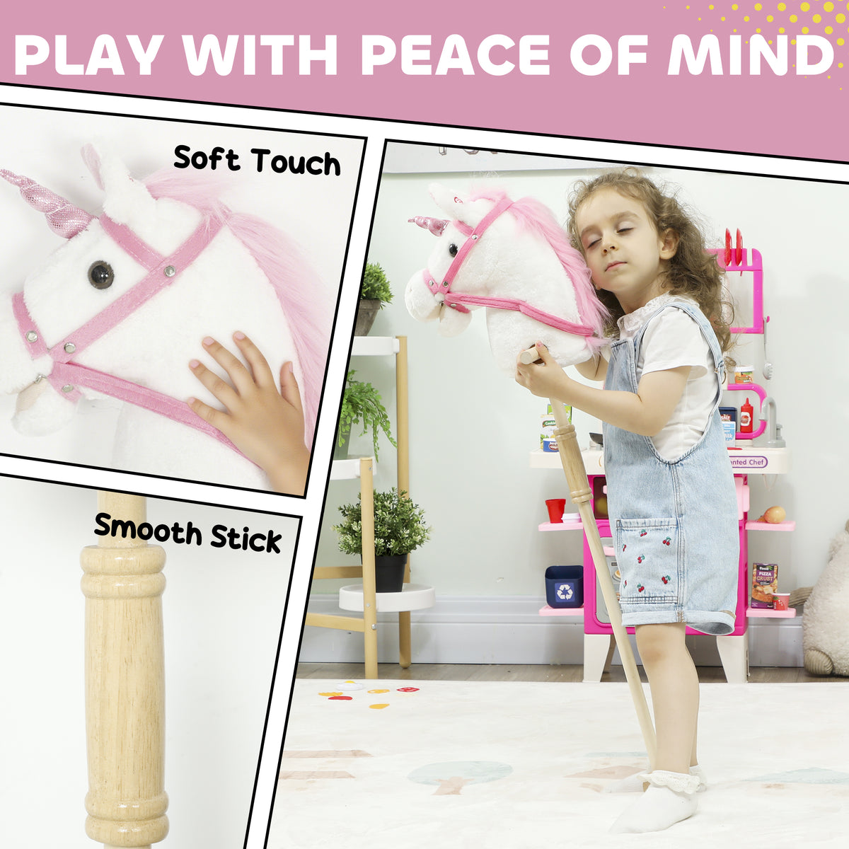 Unicorn Stick Horse, Plush Hobby Horse with Wood Wheels, Real Pony Neighing and Galloping Sounds, for Kids, White-Toys & Games > Baby & Toddler Toys > Riding & Rocking Toys > Rocking Horses-DECOROLALA