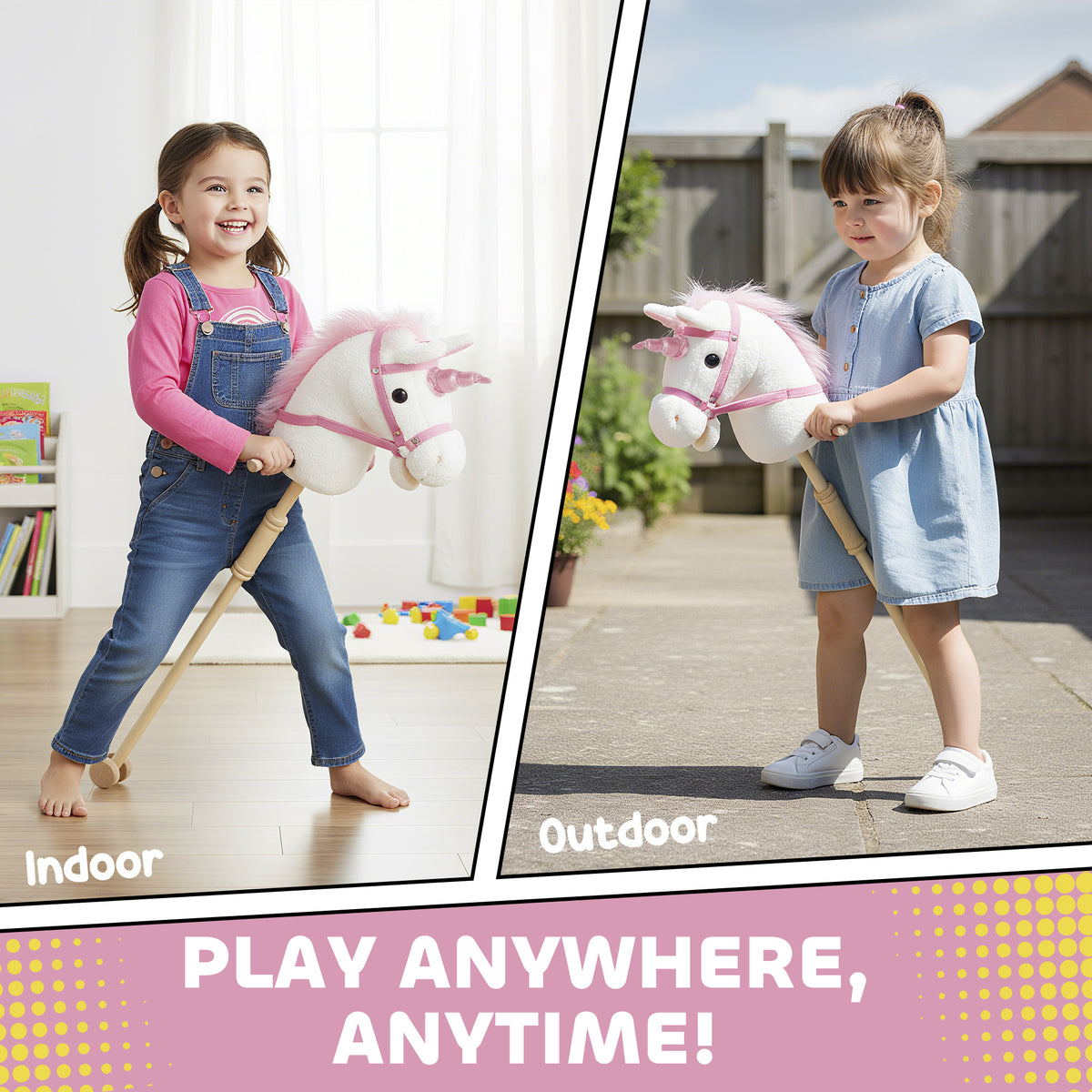Unicorn Stick Horse, Plush Hobby Horse with Wood Wheels, Real Pony Neighing and Galloping Sounds, for Kids, White-Toys & Games > Baby & Toddler Toys > Riding & Rocking Toys > Rocking Horses-DECOROLALA