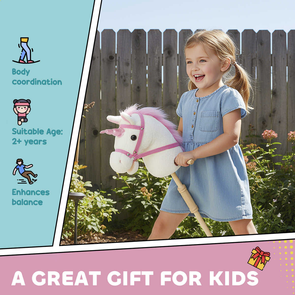 Unicorn Stick Horse, Plush Hobby Horse with Wood Wheels, Real Pony Neighing and Galloping Sounds, for Kids, White-Toys & Games > Baby & Toddler Toys > Riding & Rocking Toys > Rocking Horses-DECOROLALA