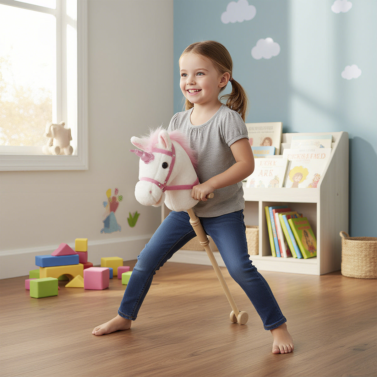 Unicorn Stick Horse, Plush Hobby Horse with Wood Wheels, Real Pony Neighing and Galloping Sounds, for Kids, White-Toys & Games > Baby & Toddler Toys > Riding & Rocking Toys > Rocking Horses-DECOROLALA